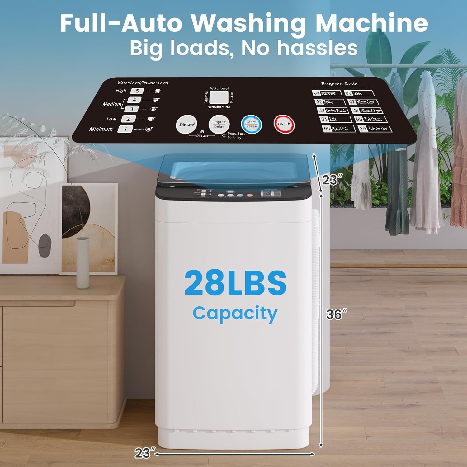 VCJ Portable Washing Machine, 28 Lbs Full-Automatic Portable Washer with 10 Wash Cycles, 24 H Delays, LED Display, Electric Laundry Machine for Apartment, RVs, Dorms