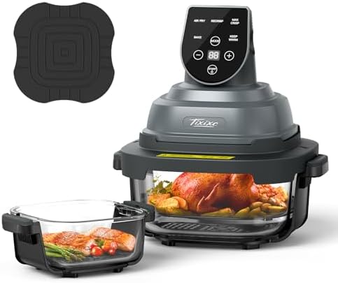 5-in-1 Portable Glass Air Fryer, 4QT & 6-Cup Glass Containers with Lids, Silicone Mat, 1500W Small Air Fryer, 90% Less Oil, Dishwasher/Freezer Safe for Single Servings, Family Meals