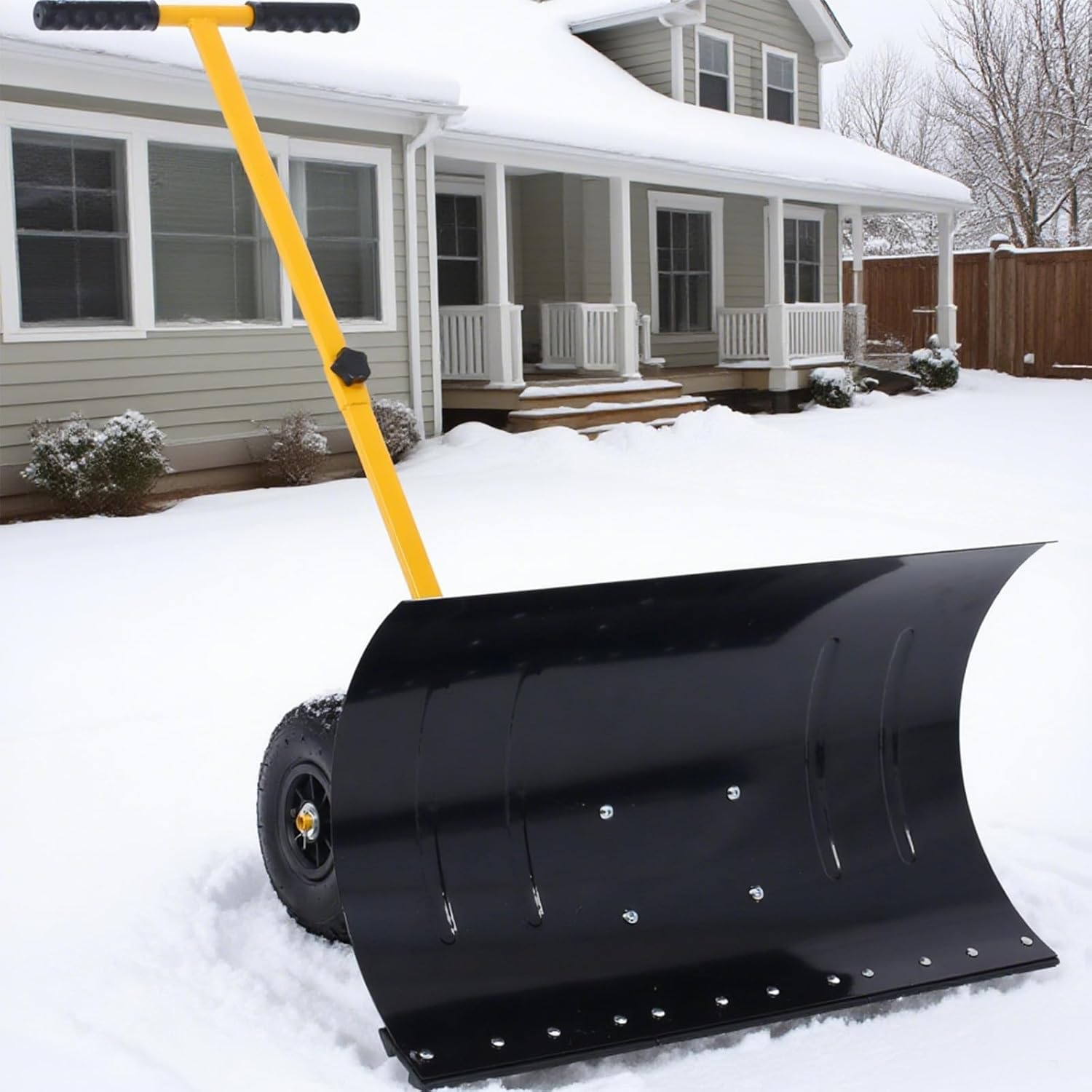 Snow Shovel with Wheels, Metal Snow Pusher, Snow Plow, Snow Clean Tool, Cushioned Adjustable Angle Handle Snow Pusher, 29