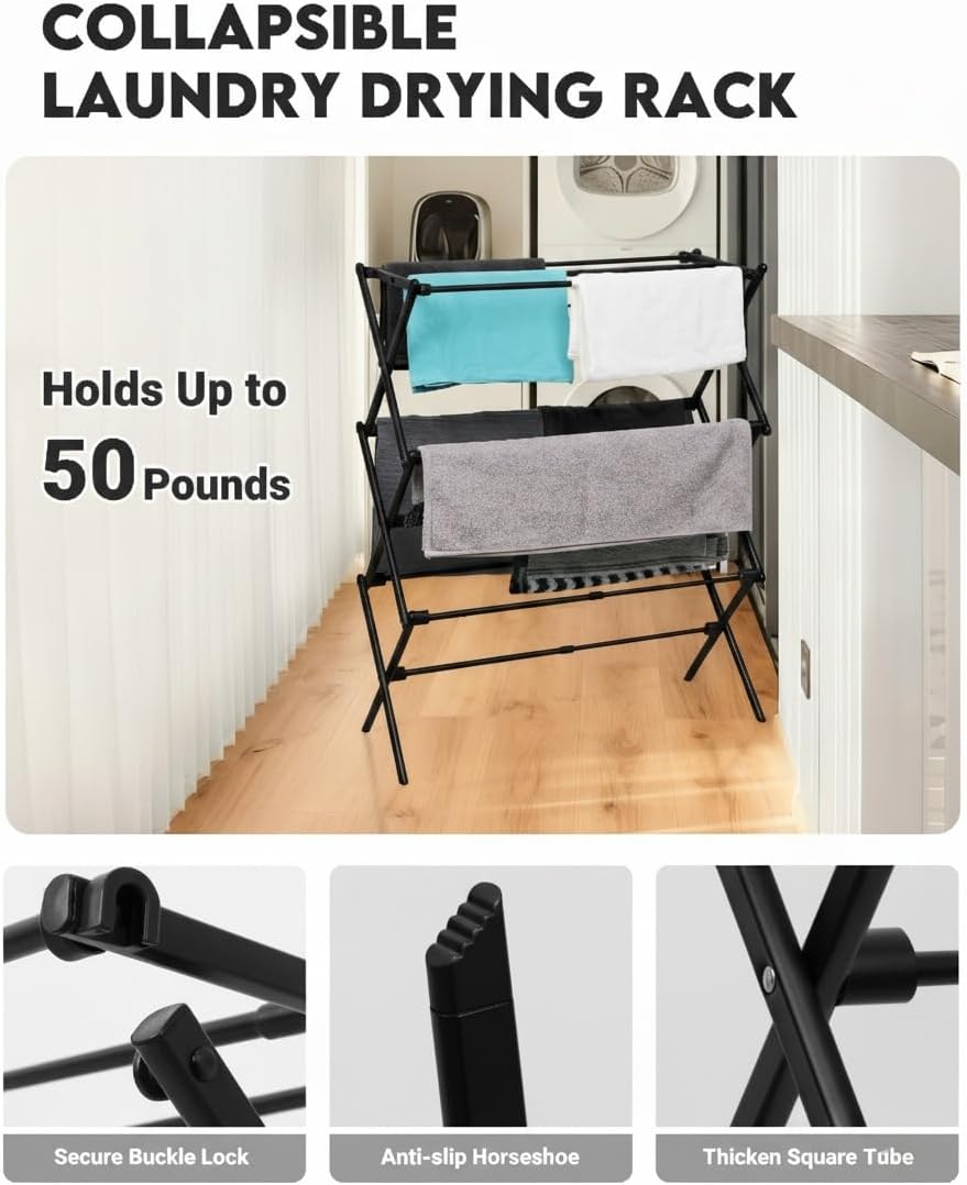 3-Tier Metal Folding Clothes Drying Rack, Laundry Drying Rack Clothing | Collapsible Dryer Racks for Laundry | Indoor & Outdoor,Black