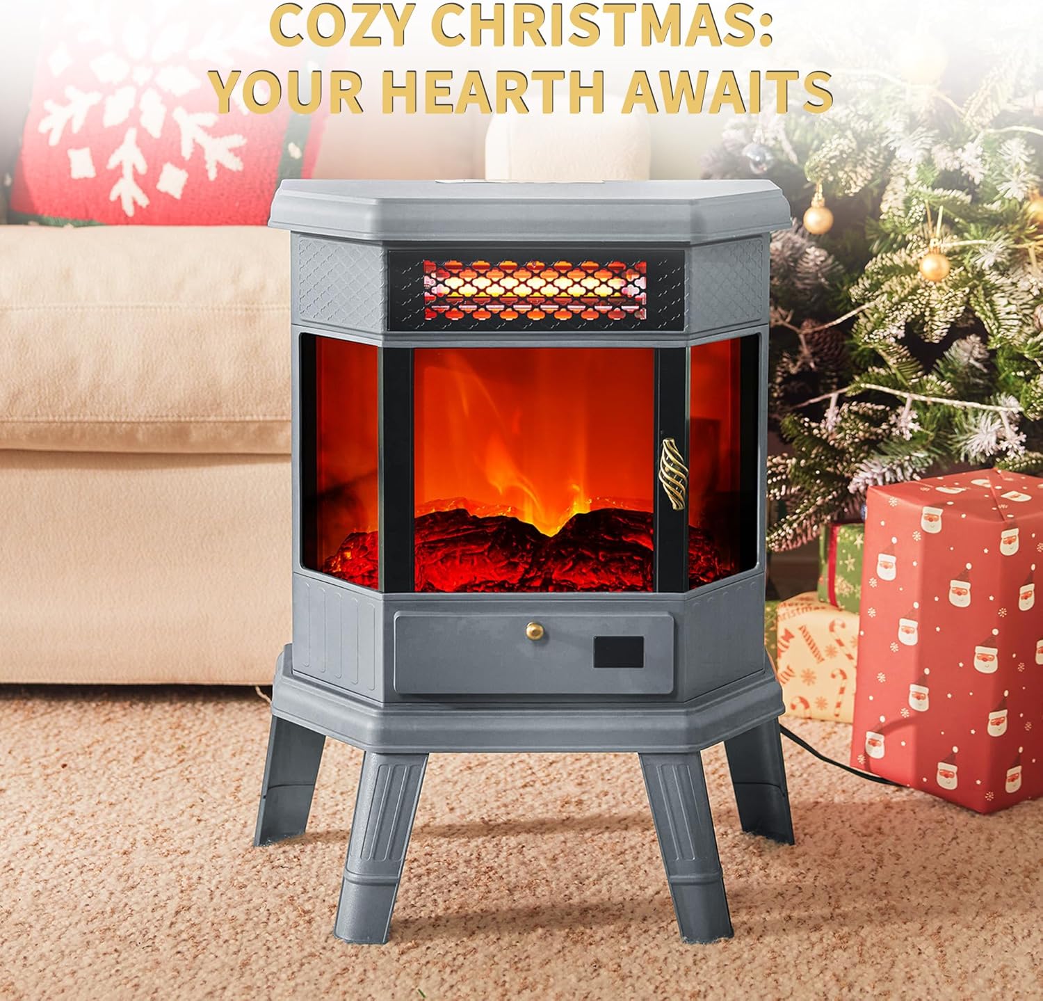 RealSmart Electric Fireplace Heater 22 in Freestanding Fireplace Stove Infrared Fireplace with 3D Flame Effect Remoted Control, Timer, Overheating Protection (Gray)