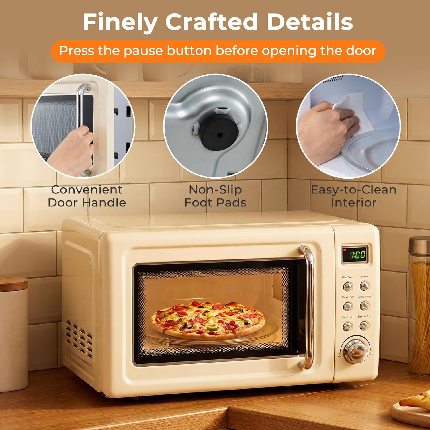 ARLIME Retro Microwave 0.7Cu.ft, 700 Watt Countertop Microwave with 5 Micro Power Defrost & Auto Cooking Function, LED Display, Child Lock, Small Microwave for Kitchen, RV, Dorm, Cream White