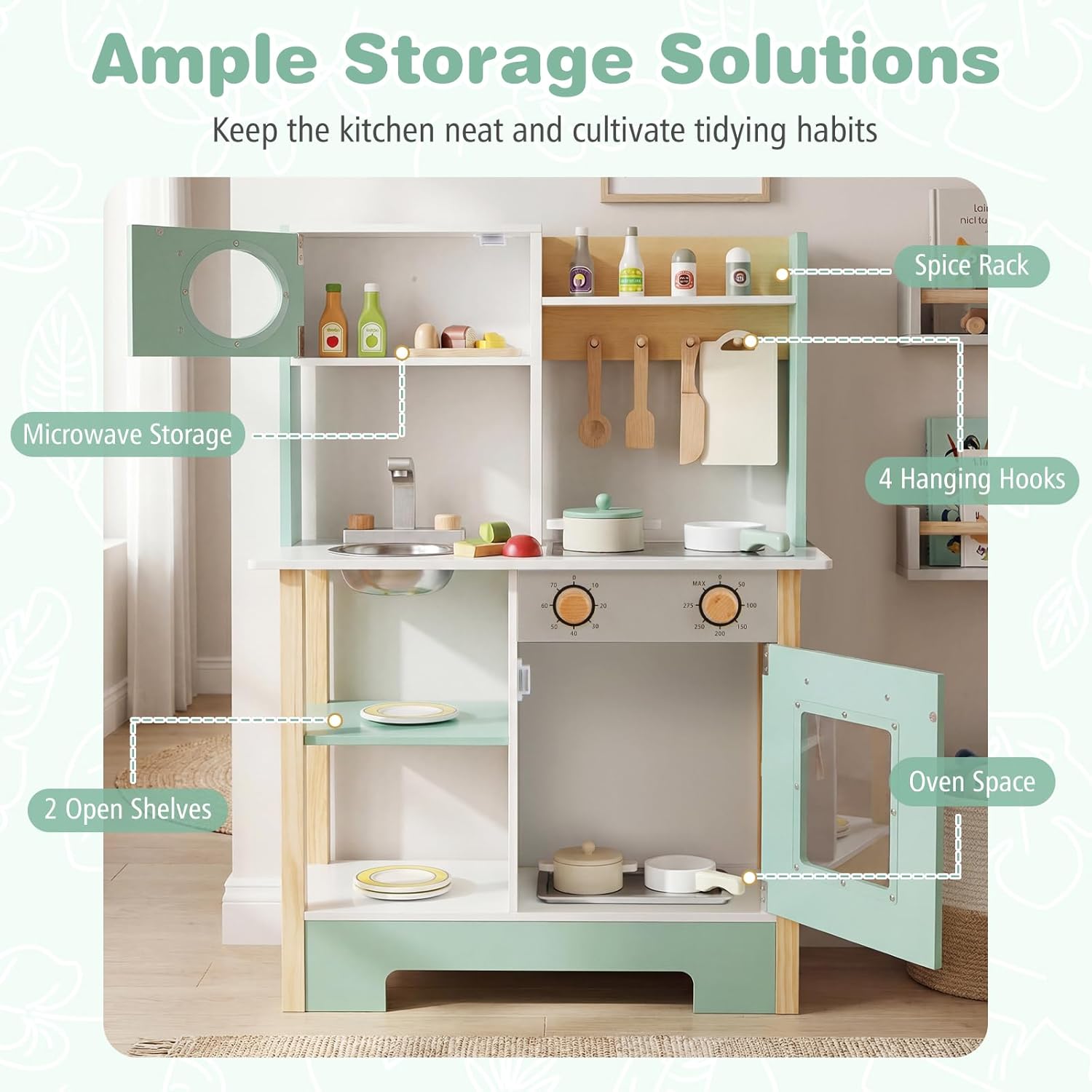 Costzon Kids Play Kitchen, Wooden Toy Kitchen w/Microwave, Water Sink, Oven, Stoves & Cookware Accessories, Pretend Kitchen Playset with Storage for Toddlers, Gift for Boys and Girls Aged 3+