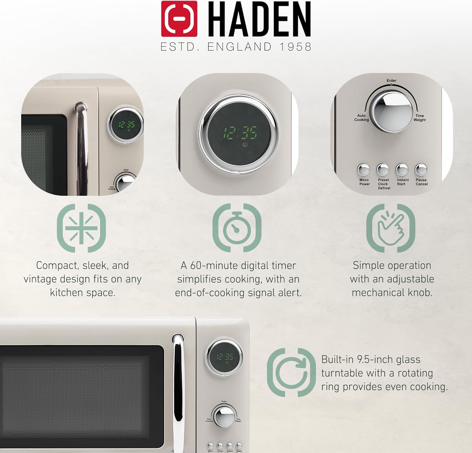 Haden 700 Watt 0.7 Cubic Foot Microwave Oven with Digital Controls, Defrost, and Instant Start Countertop Small Appliance, Putty/Chrome