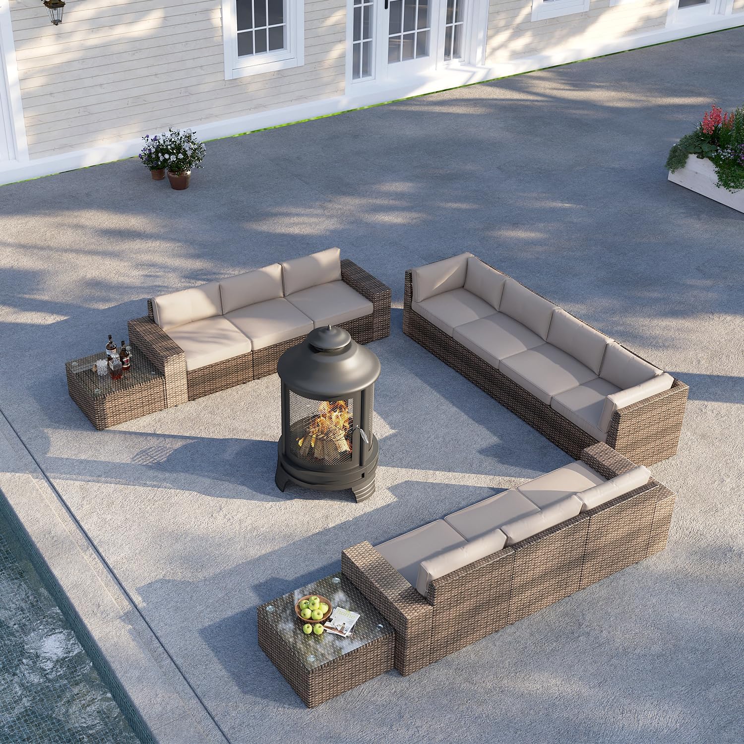 oneinmil 13-Piece Outdoor Furniture Set, with Large Fire Pit Chiminea, 2 in 1 Fire Pit for Outdoor, Wicker Rattan Sectional Conversation Set, and Coffee Table