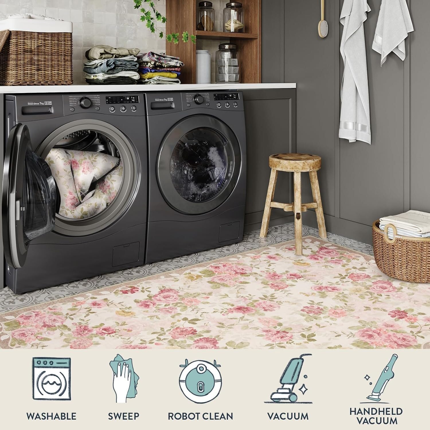 Brown Grey Pink Rustic Flowers Texture Indoor Area Rug for Living Room Bedroom Dining Room Machine Washable Non Skid Square Carpet 10x10 Nursery Dorm Kitchen Retro Floor Mats Cozy Neutral Plaid Rugs