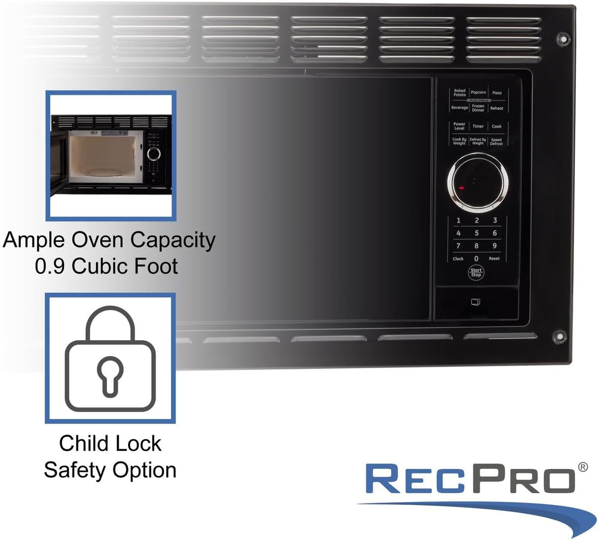 RecPro RV Microwave | .9 cubic ft Black Microwave with Trim Kit | 900 Watt (RPM-5-BLK) | Direct Replacement for Greystone