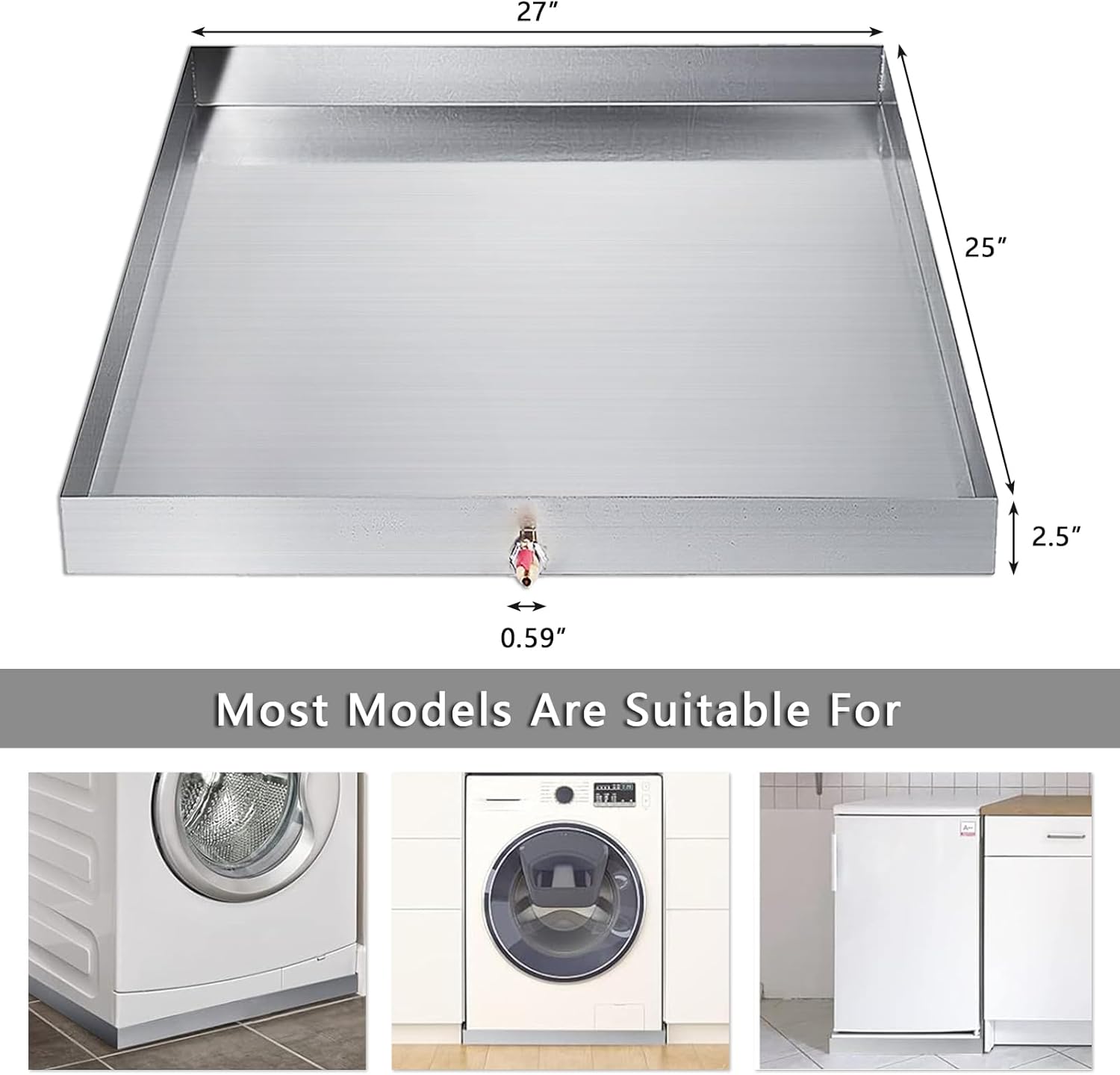 Washing Machine Drip Pan 304 Stainless Steel 27 x 25 x 2.5, 18GA Washer Drip Tray Catch w/Drain Hole & Drain Valve for Laundry Room, Bathroom,No Washer leaks