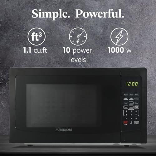 Farberware 1.1 Cu. Ft. Countertop Microwave Oven – 1000 Watts Power, Auto Cook Settings, Defrost, Easy Clean and Child Safety Lock - Black