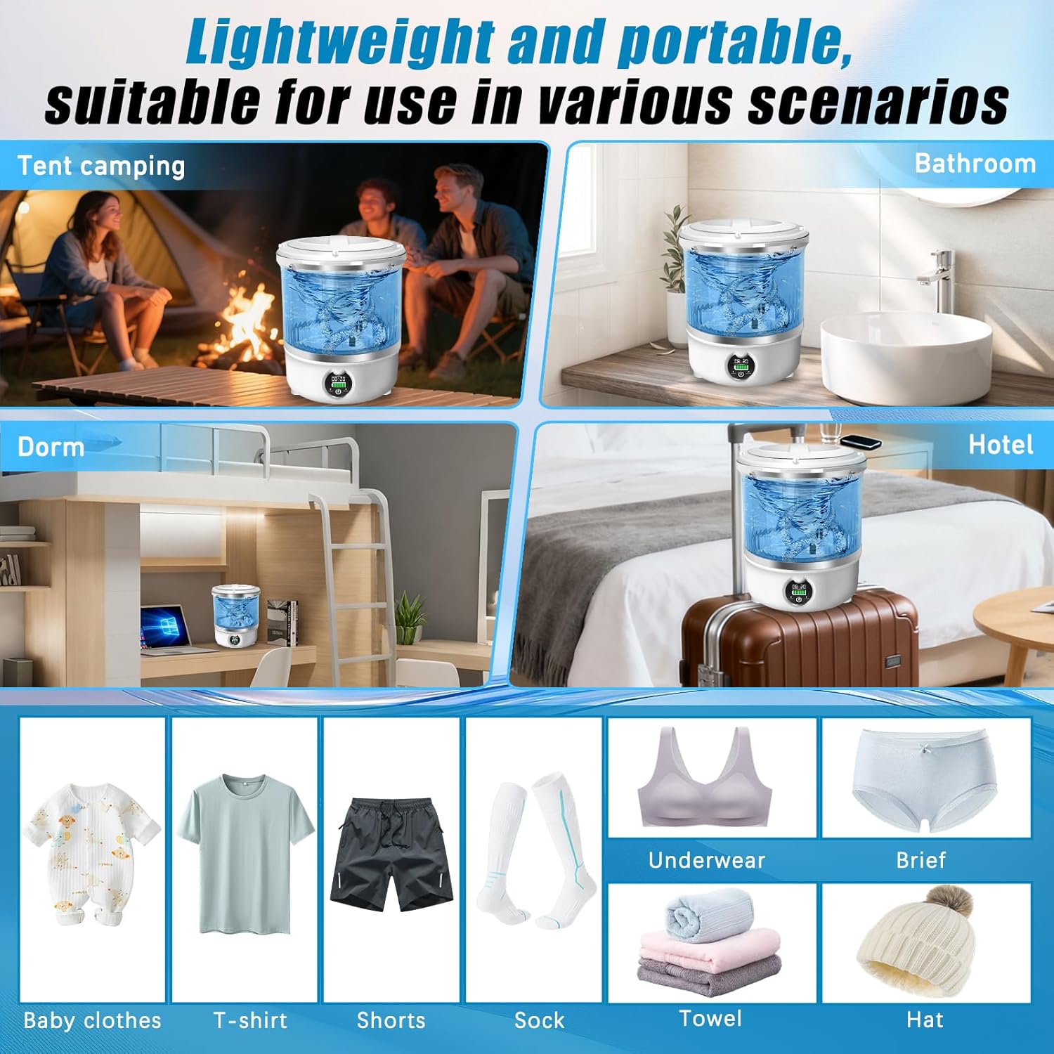 Portable Mini Washing Machine,Upgrade Blue Light,3L Capacity Underwear Washing Machine,Deeply Clean Underwear,Baby Clothing & Small Items of Clothing,Mini Washer Suitable for Family,Hotel,Camping