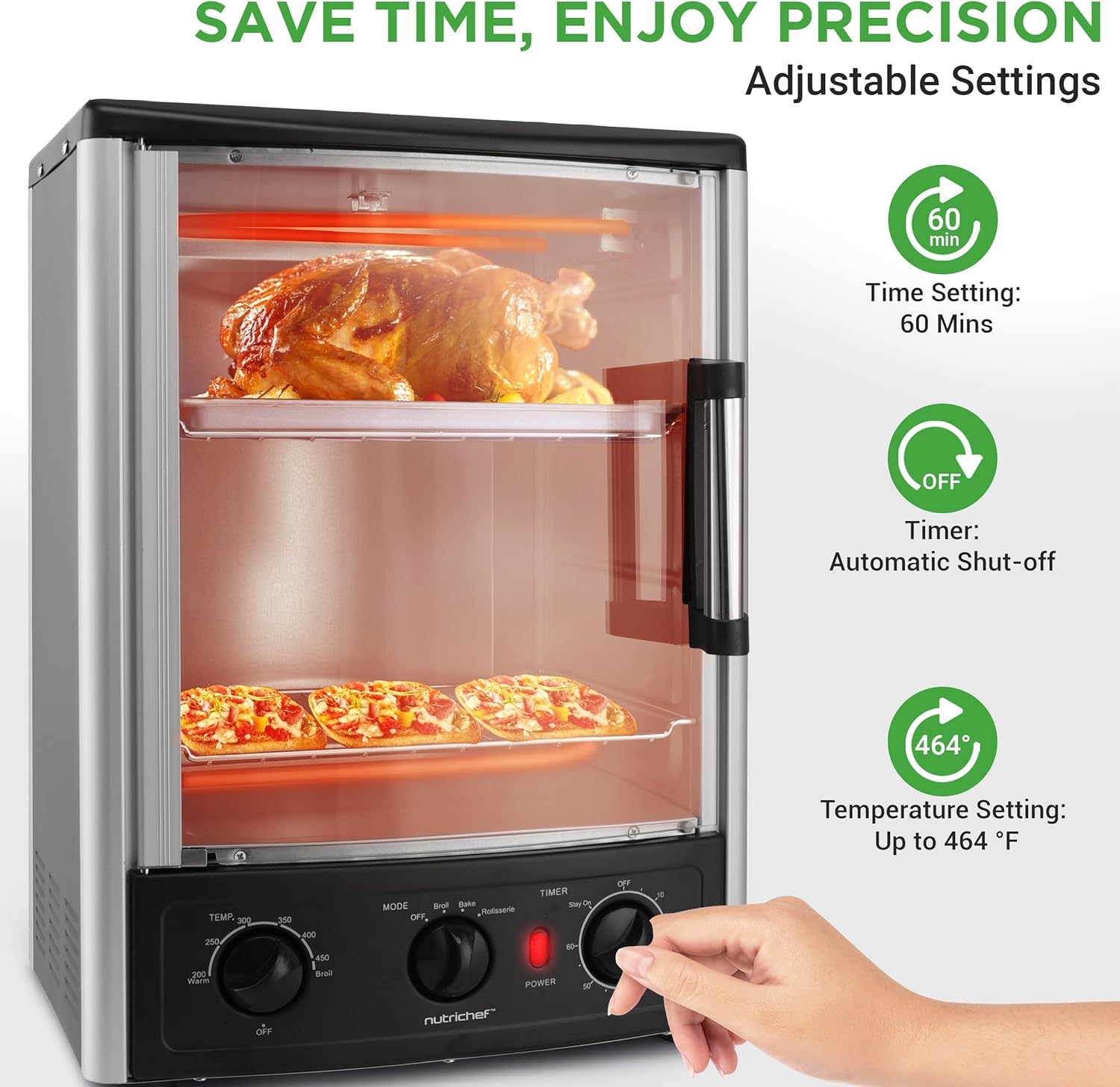 Nutrichef Vertical Countertop Oven with Rotisserie, Bake, Broil, & Kebab Rack Functions - Adjustable Settings - 2 Shelves - 1500W - Thanksgiving Turkey - Includes Grill, Kebab skewer racks & bake pan