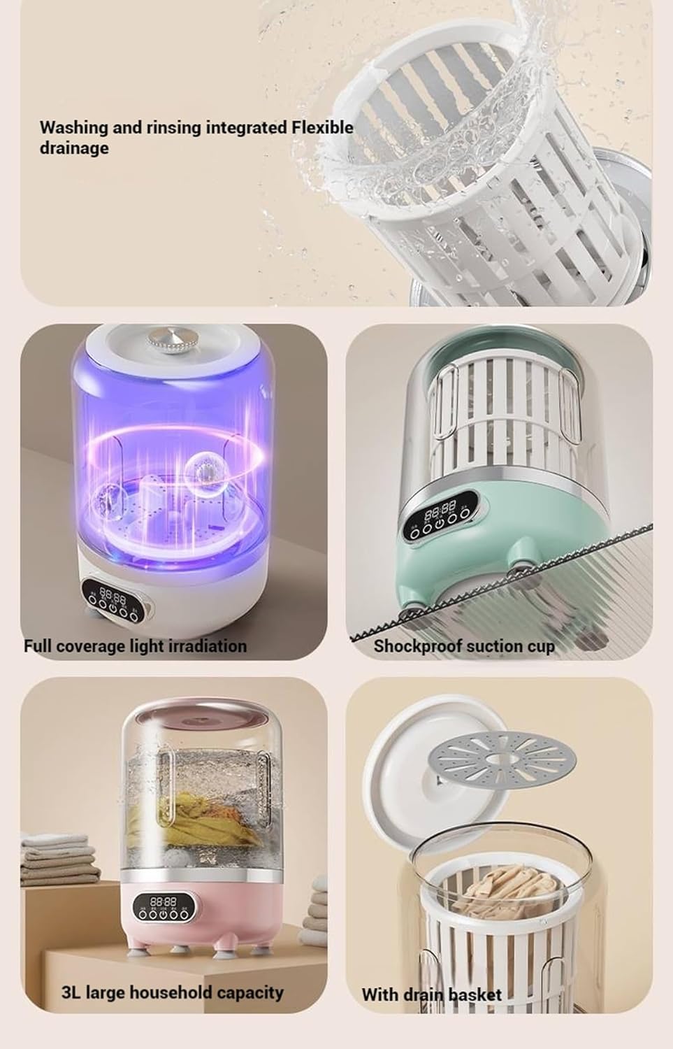 Portable Washer 3-in-1 Wash, Rinse, Washer Rotating Basket Ideals for Cleaning Underwear, Socks, And Lightweight Garments (green)