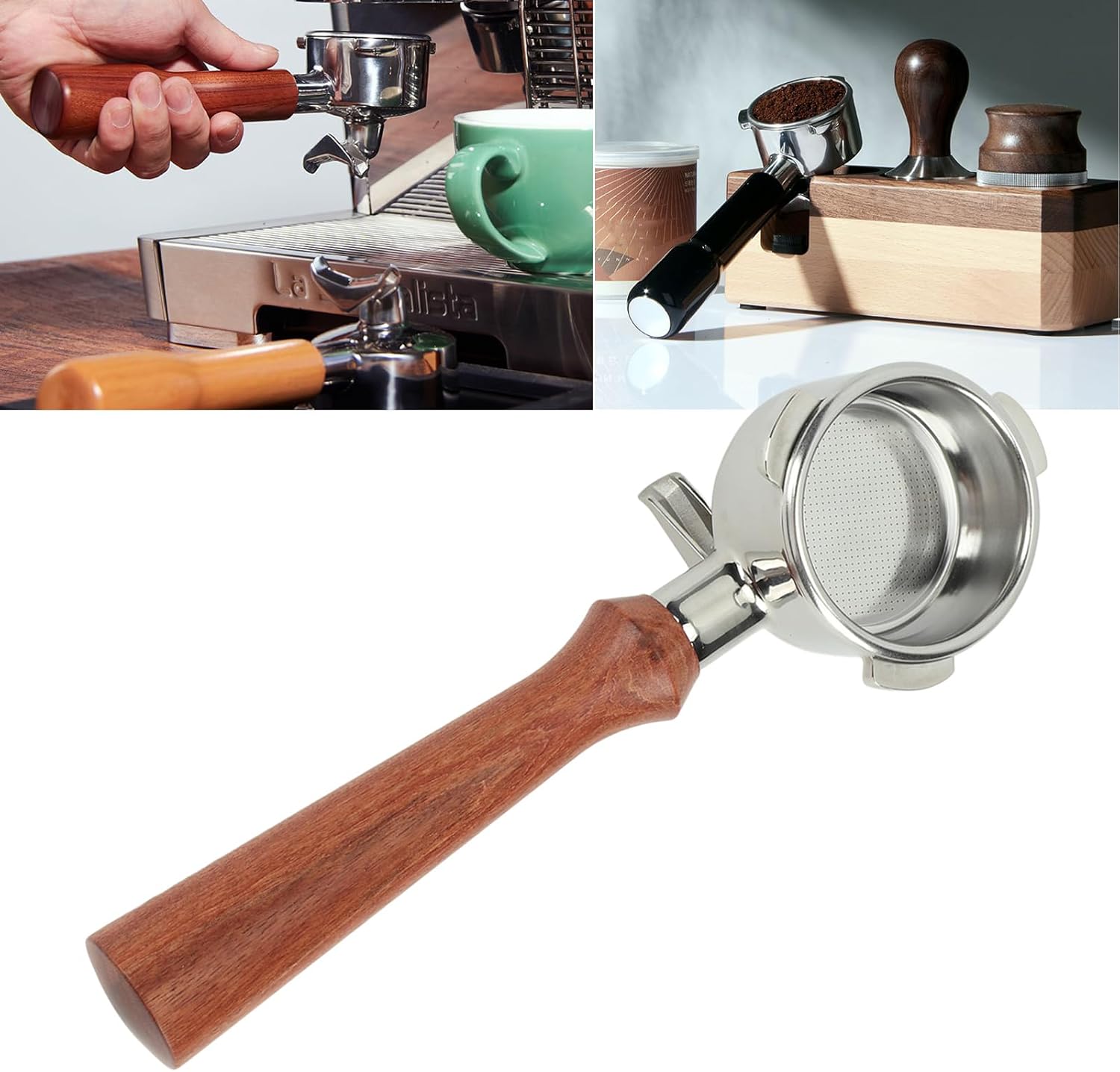 Stainless Steel Coffee Portafilter, Solid Double Spouts Basket Portafilter, Exquisite Portafilter with Wood Handle for most Coffee Machines (F Jacoranda)