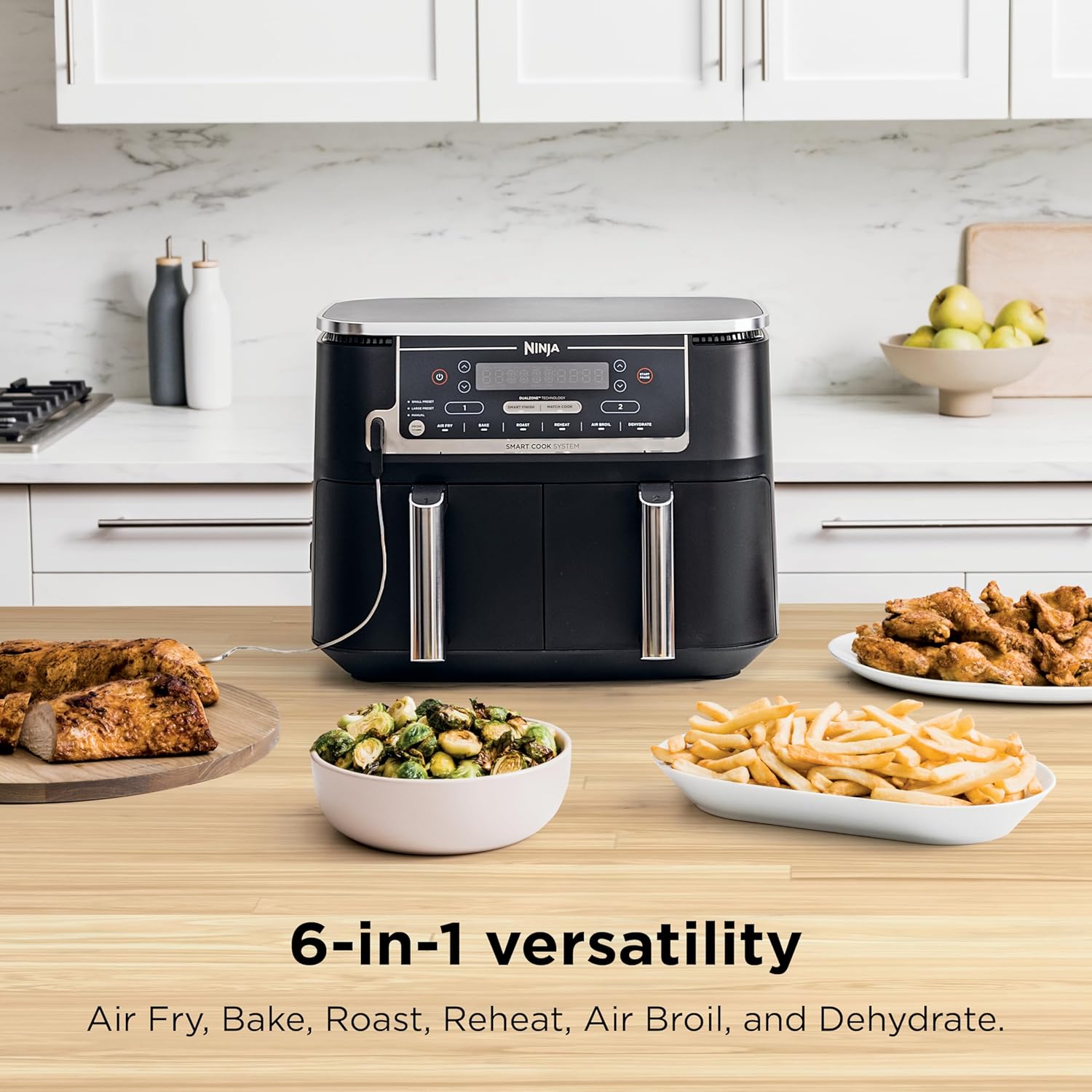 Ninja DZ550 Foodi 10 Quart 6-in-1 DualZone Smart XL Air Fryer with 2 Independent Baskets, Smart Cook Thermometer for Perfect Doneness, Match Cook & Smart Finish to Roast, Dehydrate & More, BLACK