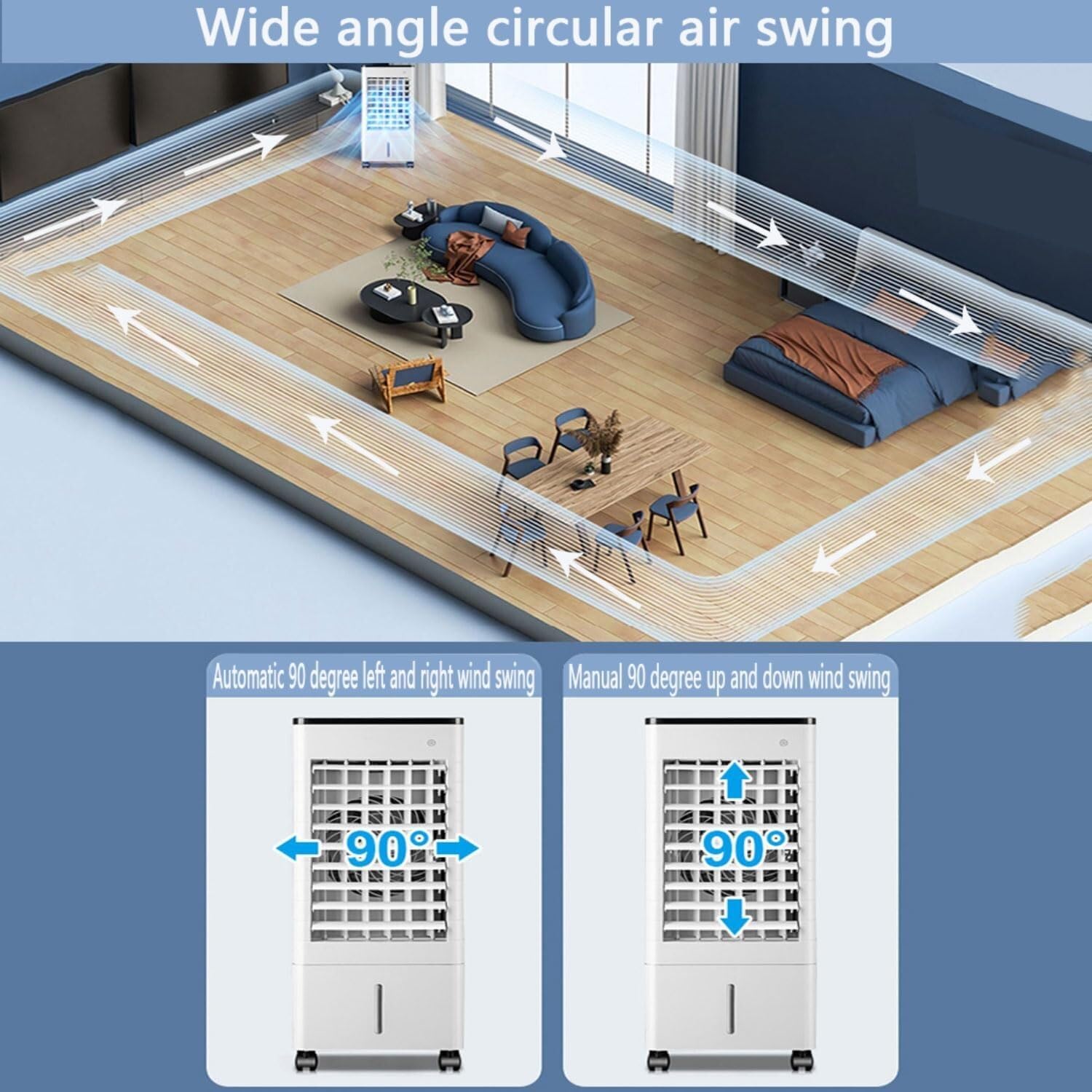 Portable Air Conditioner, 3-IN-1 Evaporative Air Cooler with Remote, 9L Tank, 4 Ice Packs, 3 Speeds, 15H Timer for Bedroom, Home, Office