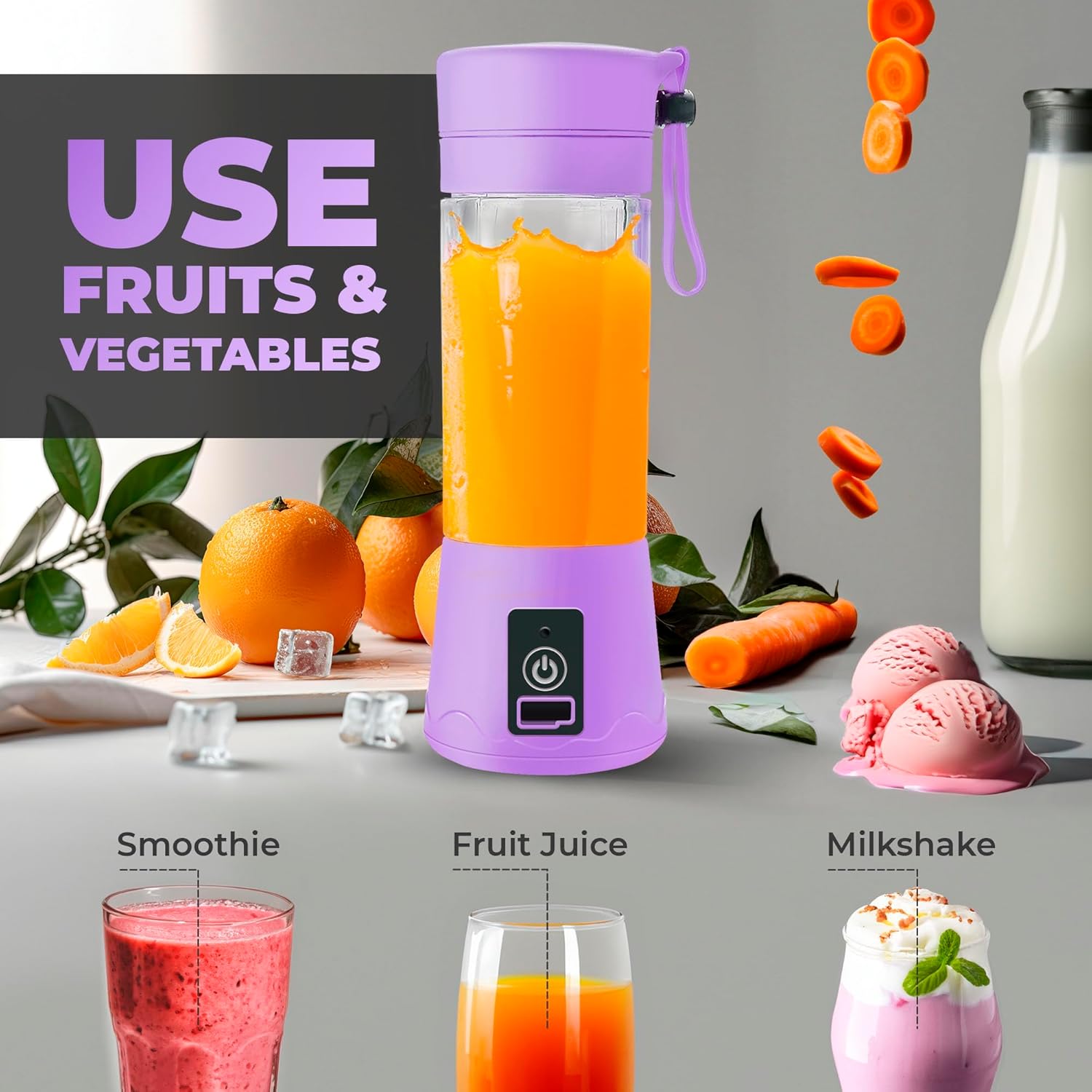 Personal Size Portable Blender - 380Ml Blender Smoothies and Shakes, BPA Free Traveling Juice Cup with Powerful Blending, Freshly Squeezed in Sports/Travel/Home (Violet)