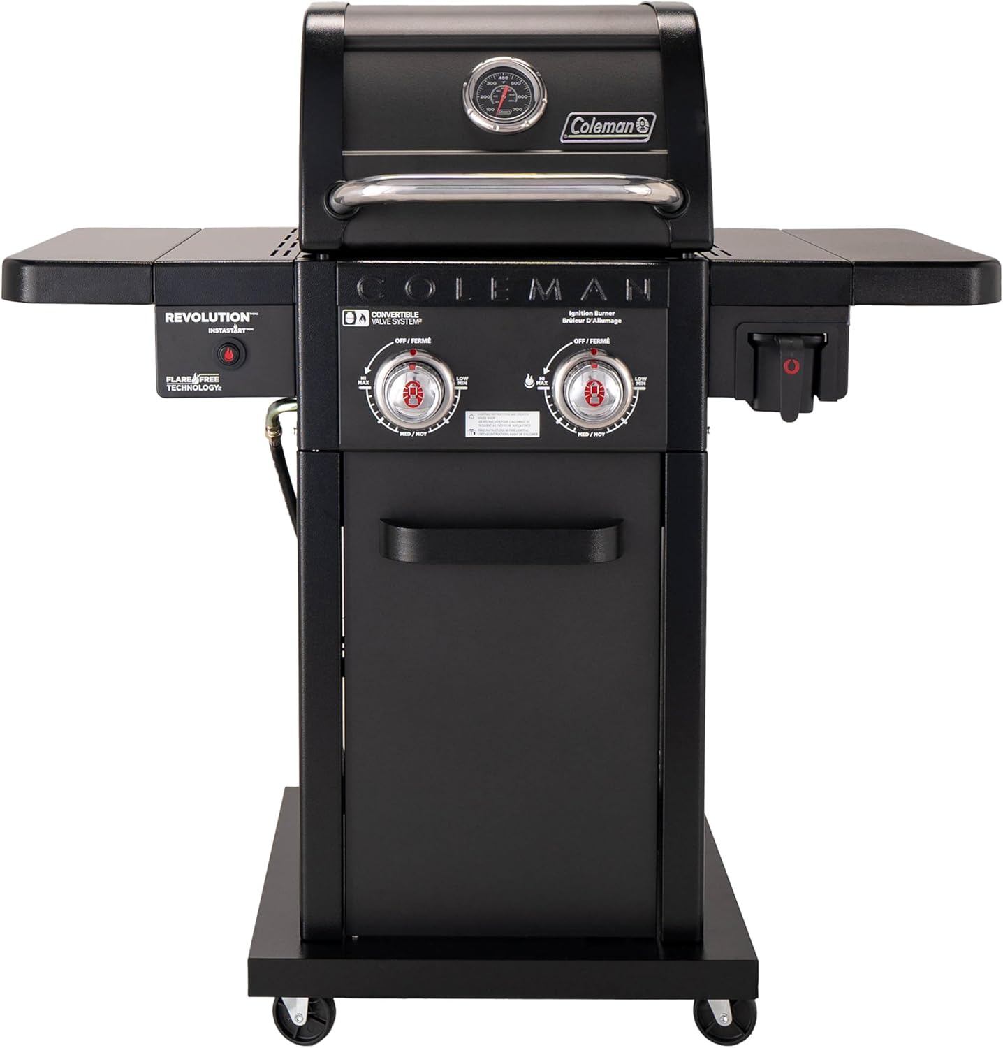 Coleman Revolution 2-Burner Propane Grill, 30,000 BTU Gas Grill with 440-Sq. In. Total Cooking Surface, 2 Side Shelves, Flare-Free Grates, and 4-Wheel Compact Cart, Black