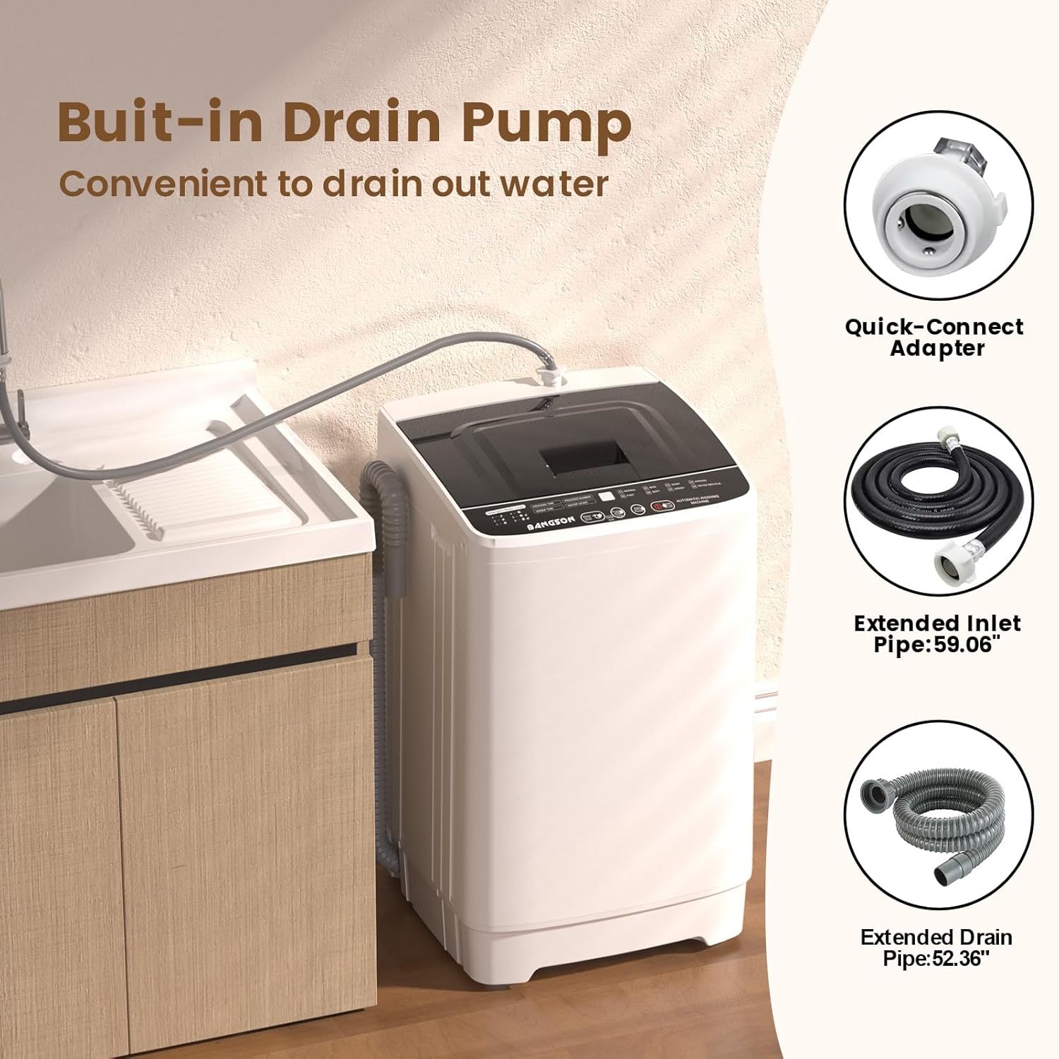 BANGSON 1.08cu.ft Portable Washing Machine, Full-Automatic Washing Machine with 8 Programs 6 Water Levels, Drain Pump and LED Display, Compact Washer for Apartments, RVs, Homes, White