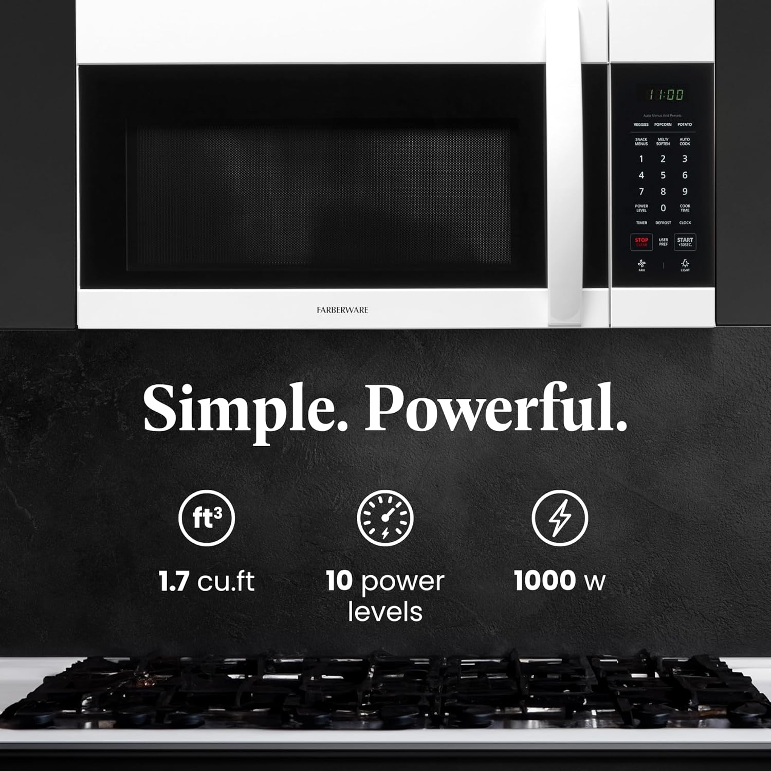 Farberware 1.7 Cu. Ft. Over-the-Range Microwave Oven – 1000 Watts Power, Auto Cook Settings, Defrost, Easy Clean and Child Safety Lock - White