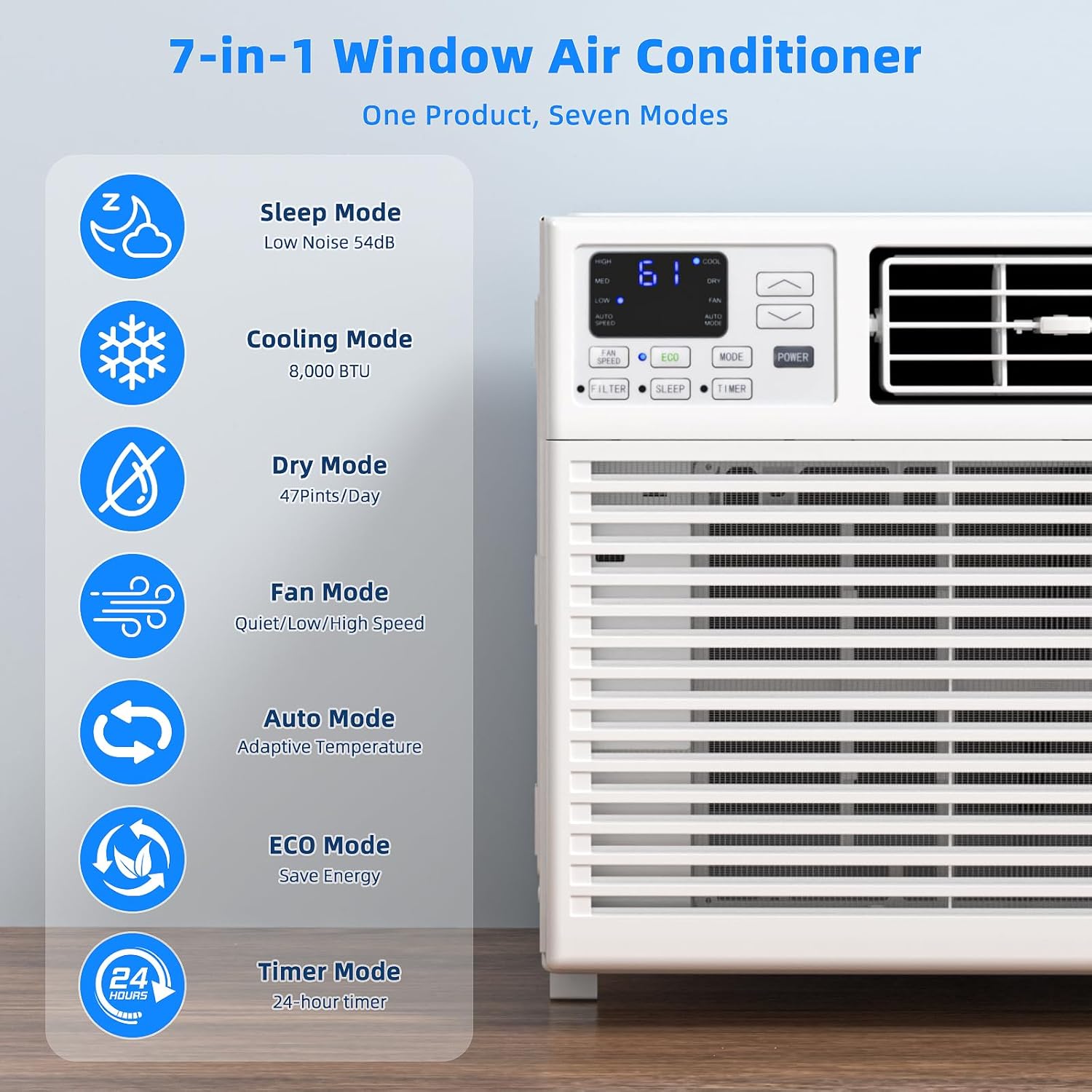 Antarctic Star 8,000 BTU Small Window Air Conditioner AC Unit Cools up to 350 Sq.Ft. with 7 Modes, Ultra-quiet Air Conditioner Window Unit with Remote Control, Easy to Install, Energy Saving, White
