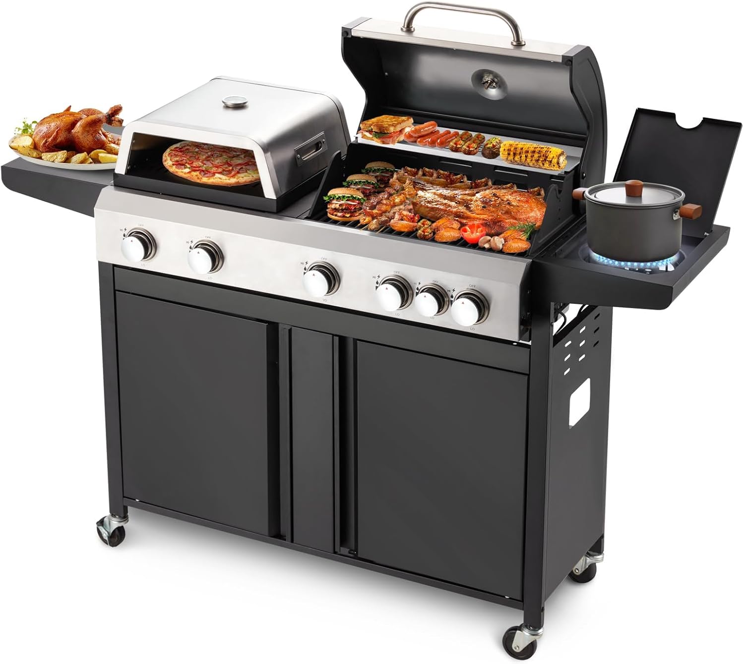 3 IN 1 Pizza Griddle Grill Combo, 74,000 BTU 5-Burner Stainless Steel Propane Gas Grill with Side Burner, Porcelain Enameled Cast Iron Grates, Griddle & Pizza Oven for Outdoor Patio Backyard
