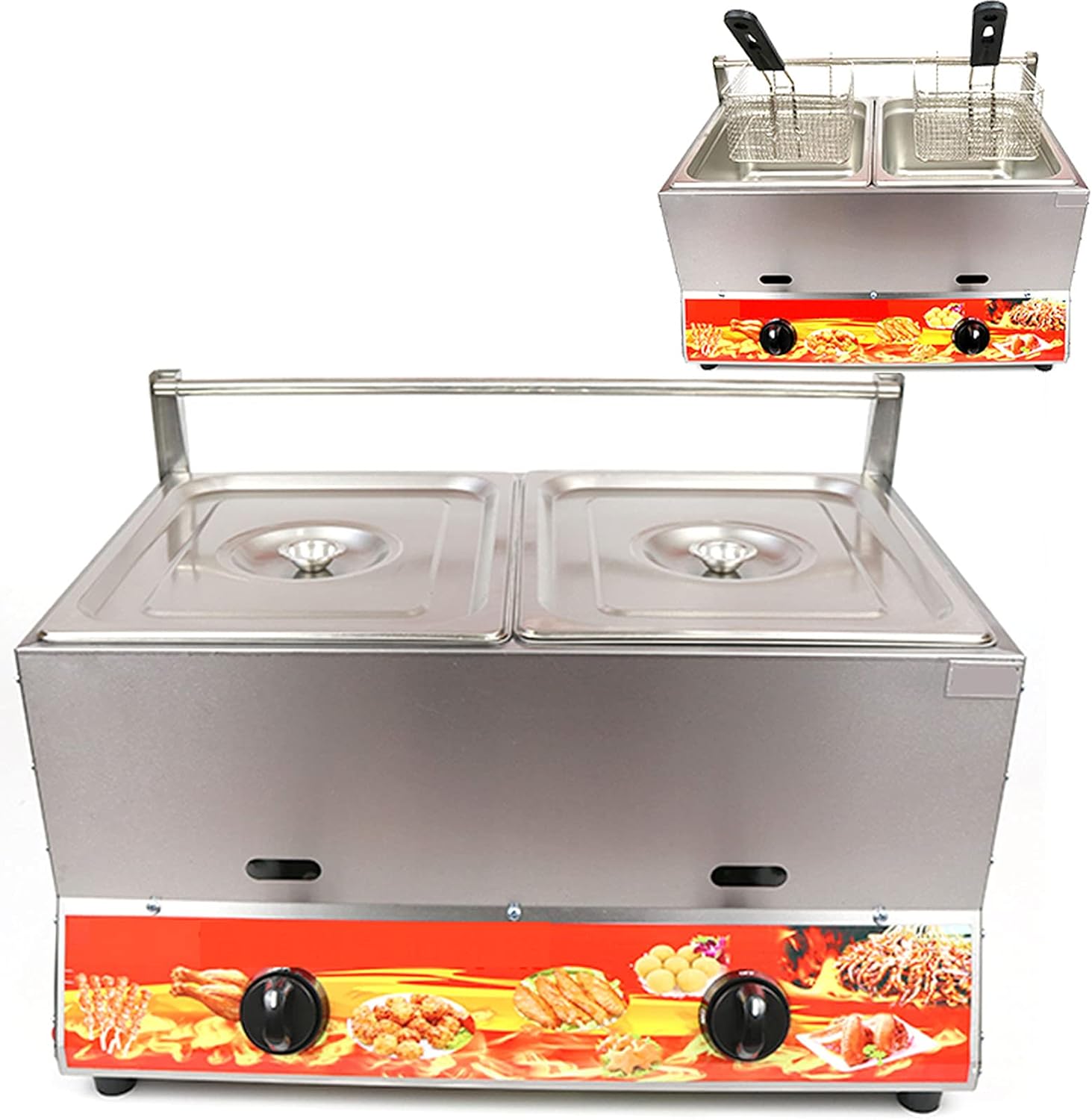 Professional Commercial Gas Fryer, 22L Large Capacity Double Fryer, Adjustable Firepower, With Baskets And Lid, Food Grade 304 Stainless Steel, For Home