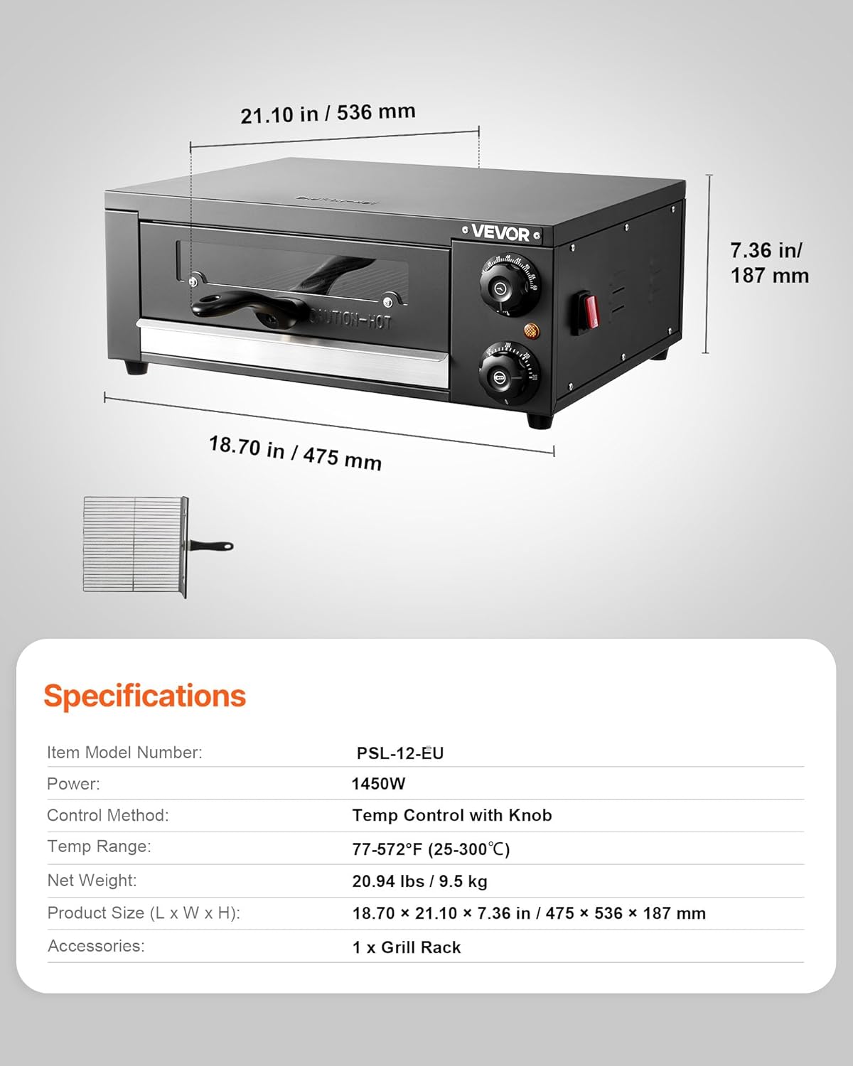 VEVOR Electric Pizza Oven, 12 in Countertop Pizza Oven, 77 to 572°F Temp Range, 1450W Indoor Pizzas Maker w/Timing & Temp Control, Pizzas Cooker w/Dual Heat Tube, Grill Rack, for Kitchen & Commercial