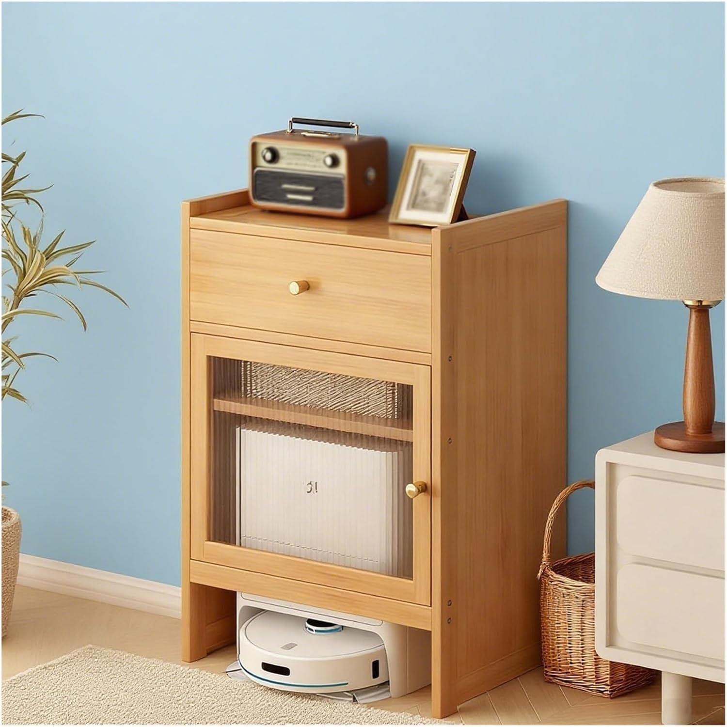 Vacuum Cabinet Storage, Robot Cleaner Storage Rack Furniture to Hide Robot Vacuum for Living Room, Bedroom, Side Table, Easy to Clean(Natural)