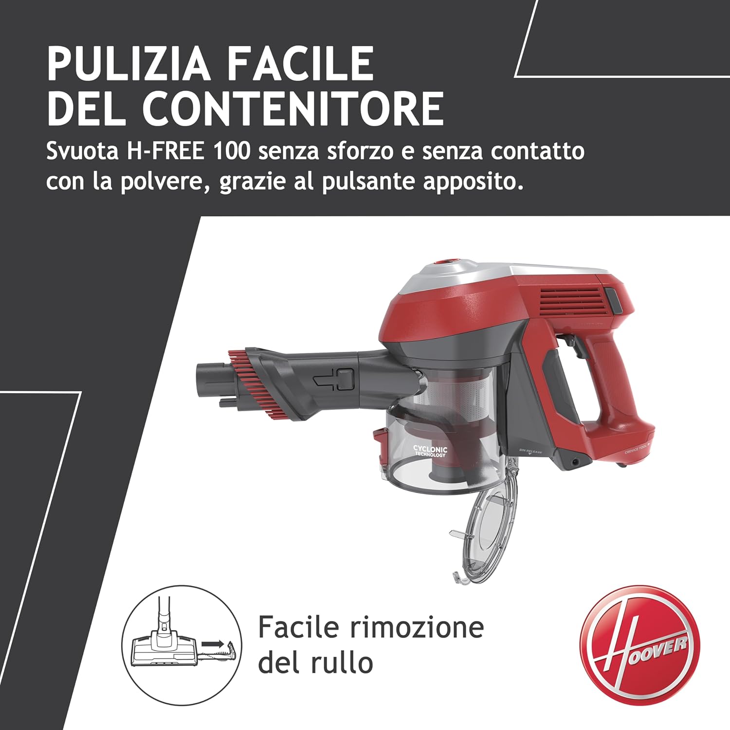 Hoover 39400928 HF122RH 011 Scopa Ricaricabile, H-Free 100, 0.9L, Batteria litio 22 V, 40 minuti, 2 velocità, Home, Griggio Rosso