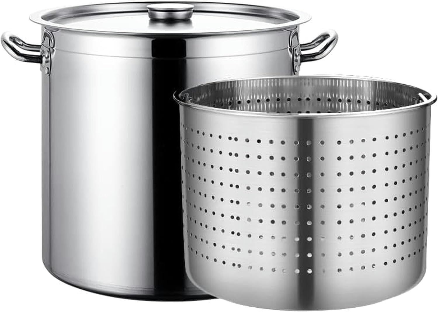Heavy Duty Stainless Steel Stock Pot 27QT/45QT/63QT - Large Crawfish Seafood Boil & Turkey Fryer with Strainer for Home & Outdoor Cooking, 40x40cm & 35x35cm