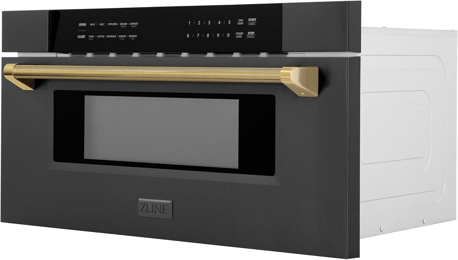 ZLINE Autograph Edition 30 in. 1.2 cu. ft. Built-in Microwave Drawer in Black Stainless Steel and Polished Gold Helix Handle (MWDZ-30-BS-KG)