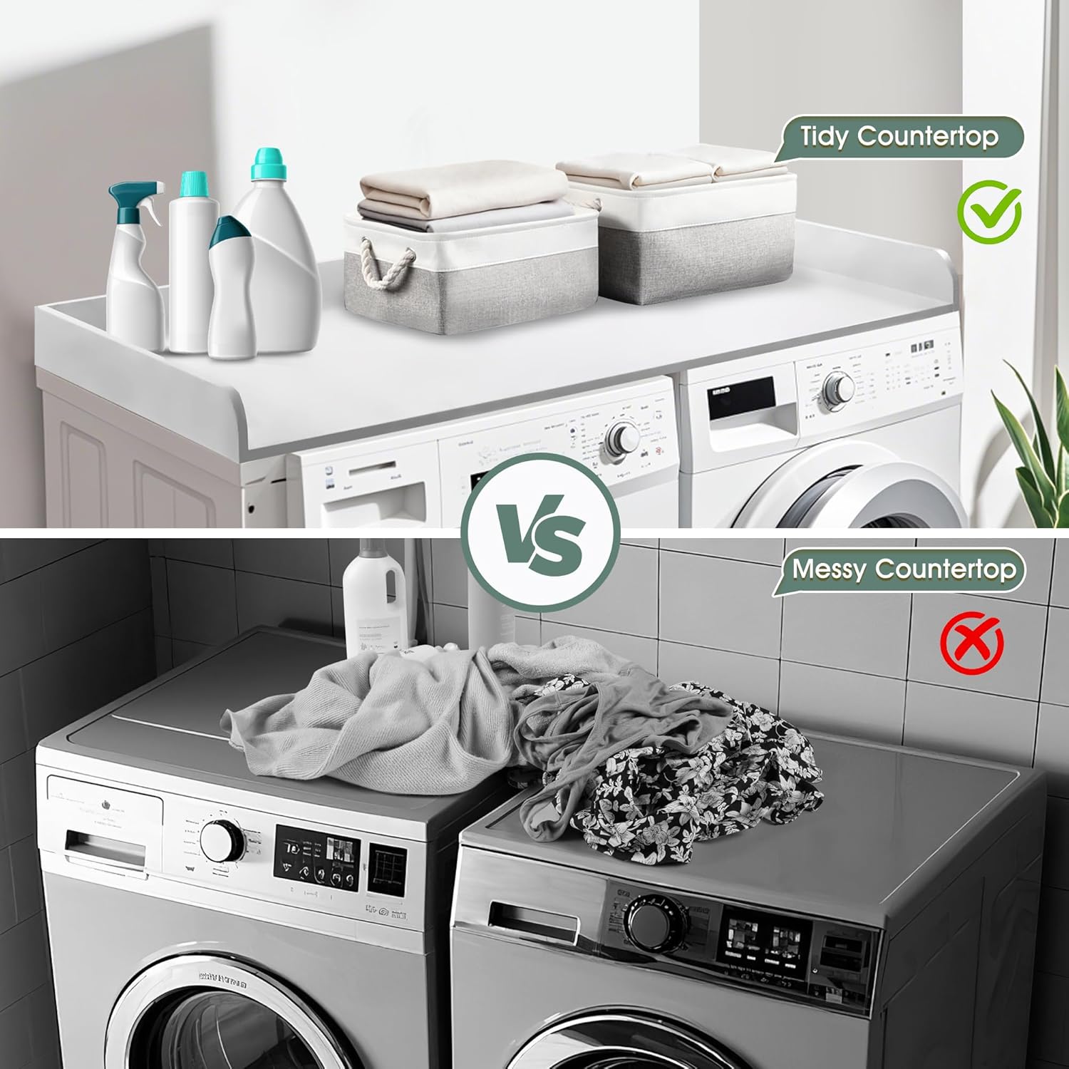 Washer Dryer Countertop with 2 Pack Storage Baskets, Wood Washer and Dryer Countertop with Non-Slip Pads/Edge Rails for Laundry Room Storage and Organization, 27.5