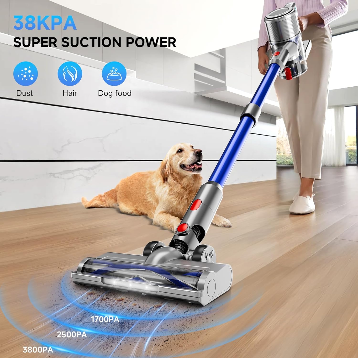 Cordless Vacuum Cleaner, 8 in 1 Powerful Stick Vacuum with 50Mins Rechargeable Battery, Vacuum Cleaners for Home Anti-Tangled Lightweight Handheld Vacuum for Hardwood Floor, Carpets, Pet Hair, Blue