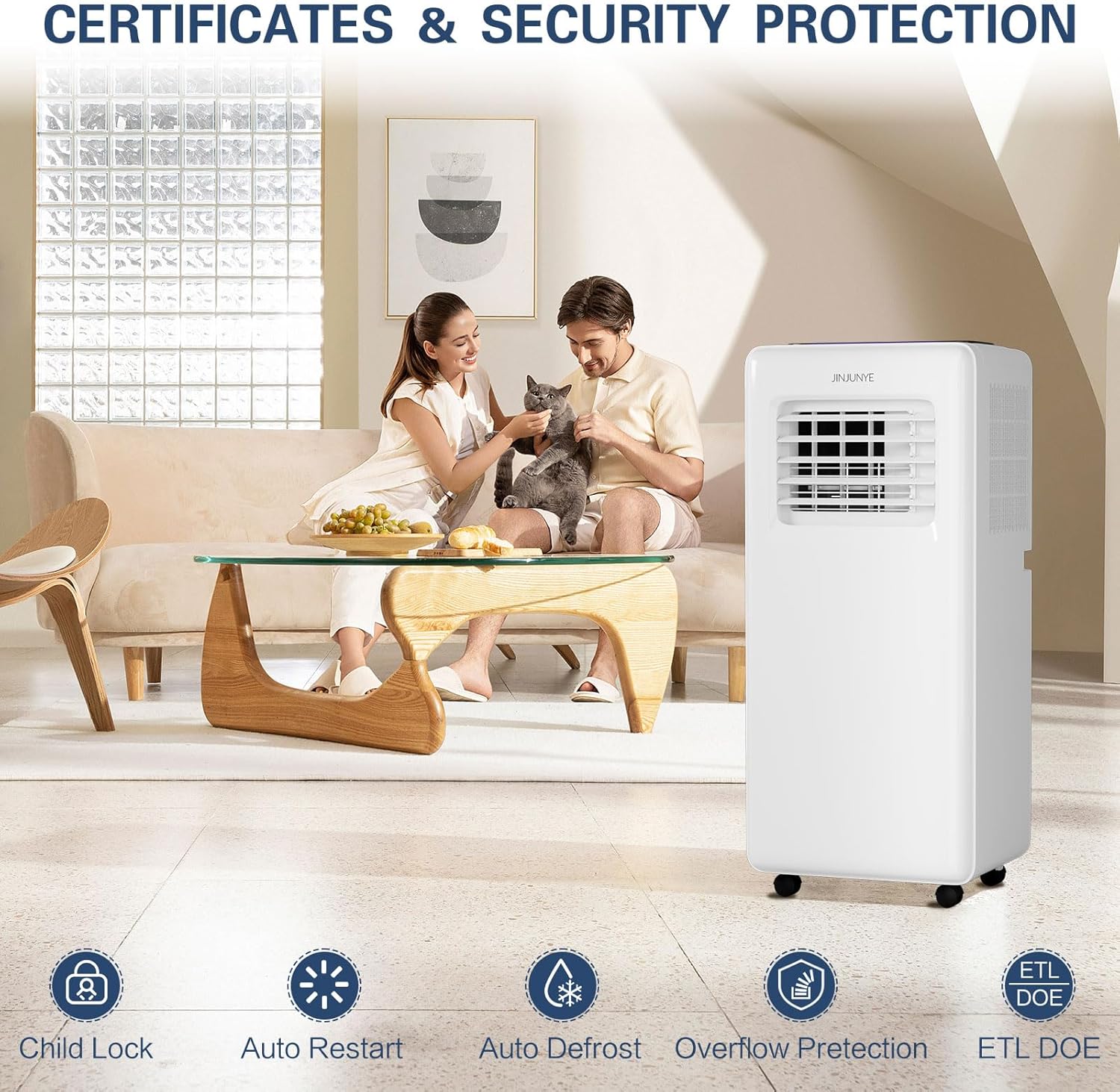 JINJUNYE 10,000 BTU Portable Air Conditioners 4 IN 1 with 7 Colors LED Light, Portable AC Unit Dry, Fan, Sleep Mode, Cools Up to 450 Sq.Ft, 24H Timer, Window Kit, Not Include Battery KF450062-1