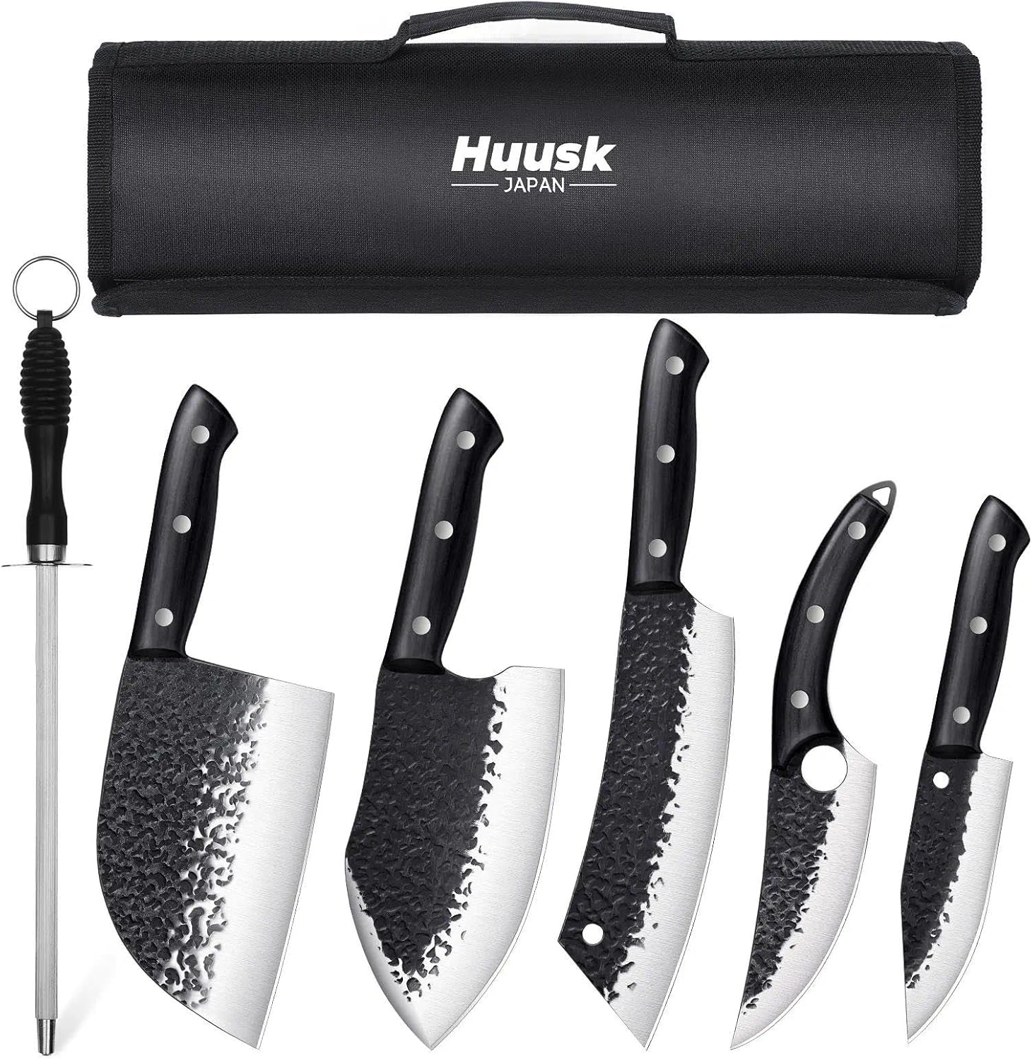 Huusk 7pcs Kitchen Knife Set - Japanese Hand Forged Cleaver & Serbian Knife & Butcher Knives & Viking Knives & Meat Knife with Sharpener for Outdoor BBQ Camping Christmas Gift for Men and Women