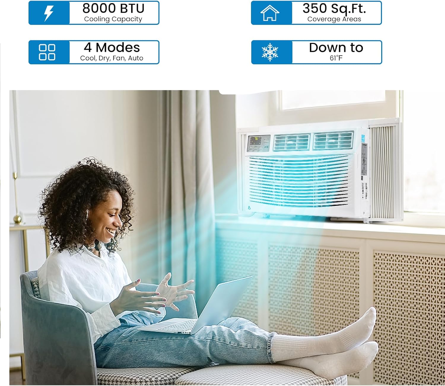 Window Air Conditioner, 8,000 BTU, Cools 350 Sq.ft, 3 Cooling & Fan Speeds, Window AC with Remote/App Control, Energy Saving, 110-115V