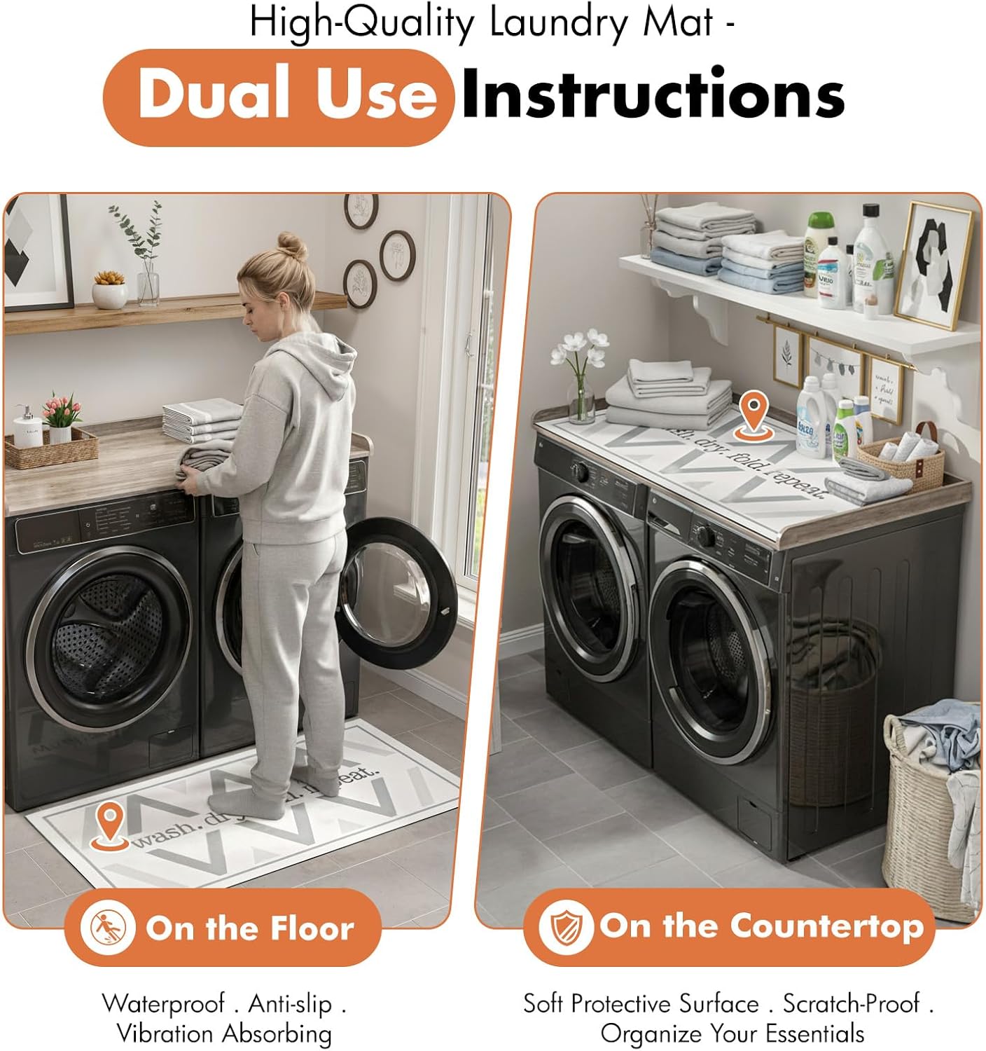 Premium Washer Dryer Countertop with Anti-Slip Pad, 54inch Laundry Room Organization Set, Stackable Storage Solution with Silicone Ironing Mat, Diatomite Mat(Gray)