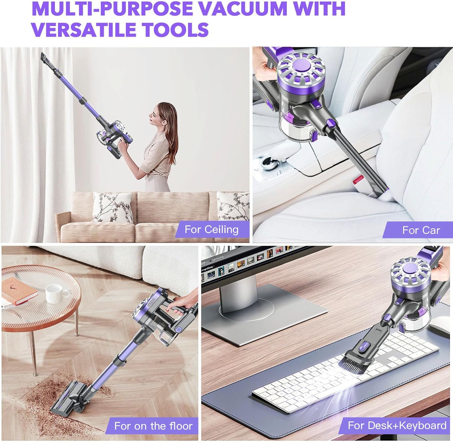 Cordless Vacuum Cleaner,Vacuum Cleaners for Home with Super Suction,Lightweight Stick Vacuum with 35 Mins Runtime,Rechargeable Cordless Vacuum for Carpet, Tile, Pet Hair, Hardwood Floors(Dark Purple)