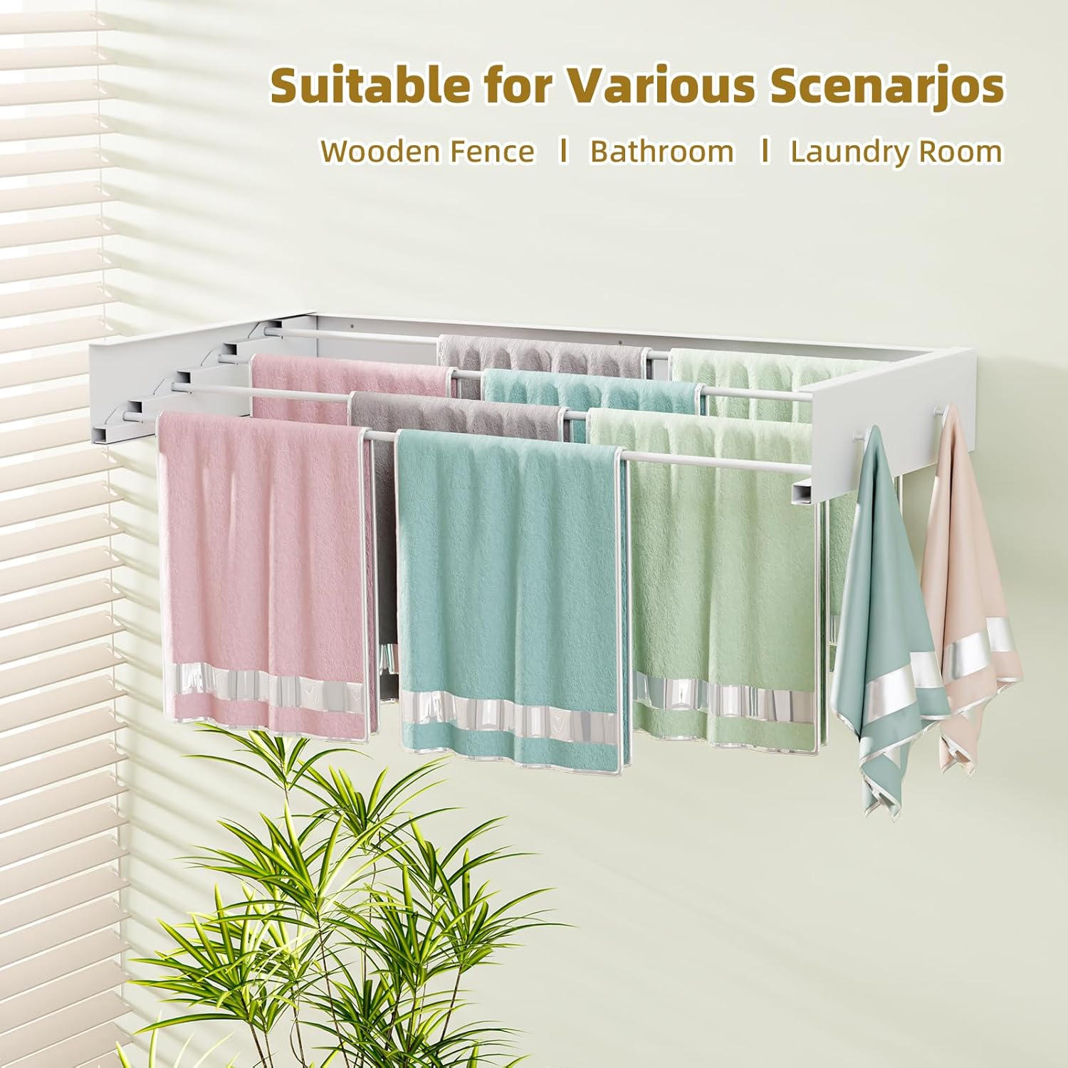 Wall Mounted Drying Rack for Laundry 23.6'', Foldable Laundry Drying Rack Clothing Wall Mount with 4 Towel Hooks and 4 Rods, Space Saving for Indoor Outdoor Bathroom Balcony (White, 23.6'')