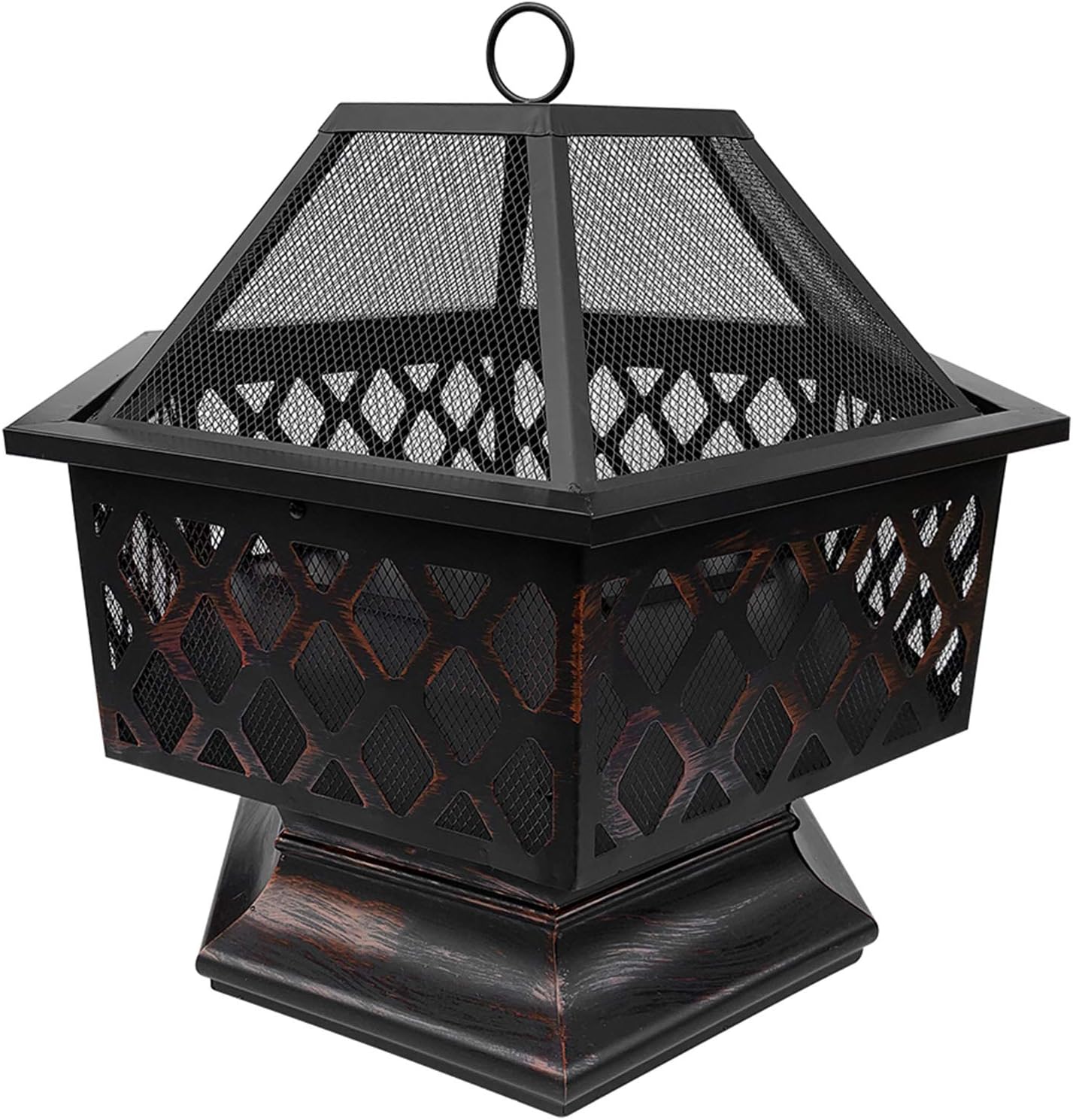 Steel Hexagonal Fire Pit, Outdoor Black Steel Garden Patio Heater Outdoor Garden fire Pit with mesh Cover Steel Firebowl Heater Burner