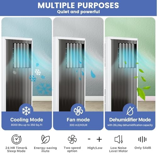 8000 BTUs Portable Air Conditioners, Air Conditioning Unit 3-in-1 Cooling, Dehumidifying & Fan Modes for 350 Sq.Ft, Remote Control, 24-Hour Timer, Easy Install Kit, Perfect for Home & Office, Black