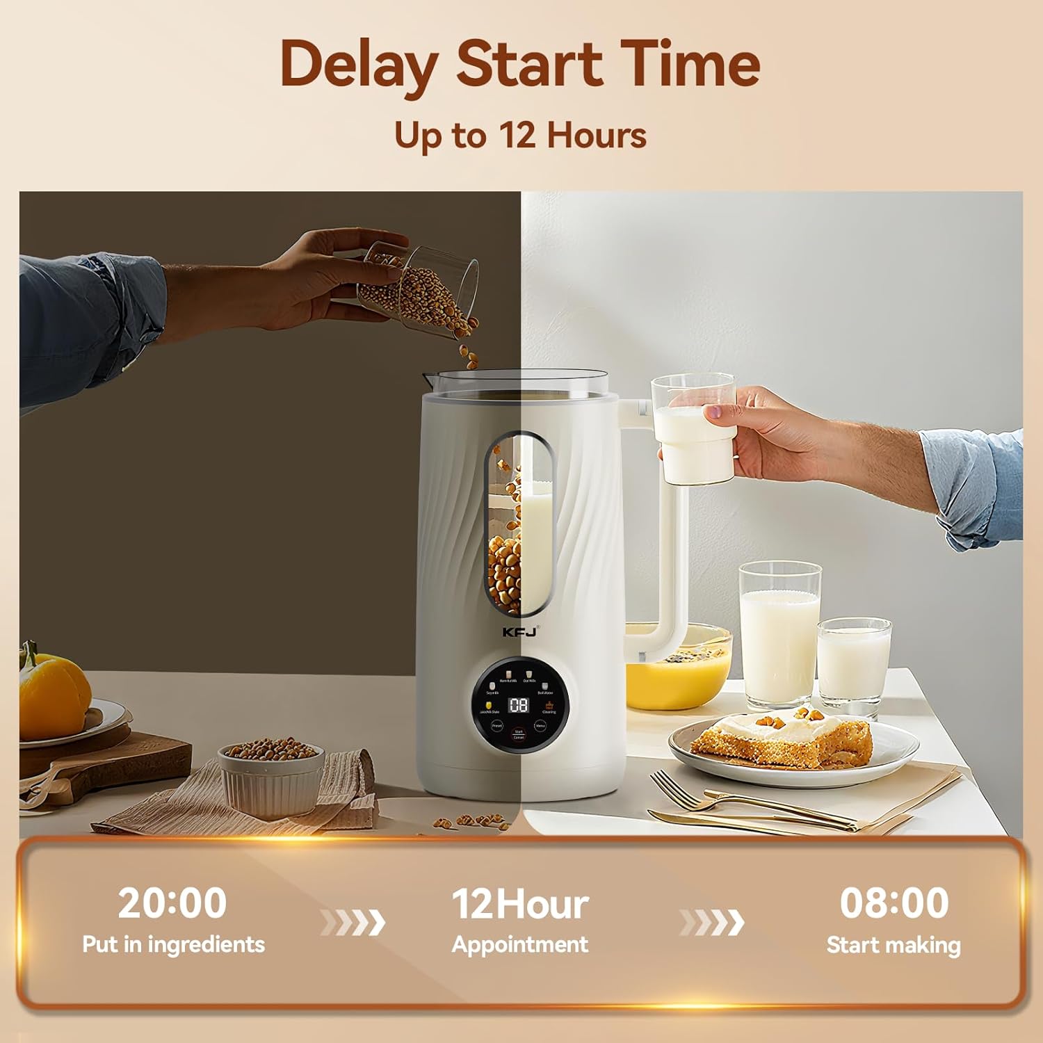 KFJ 8 in 1 Nut Milk Maker Machine, 41oz Homemade Coconut, Soy, Oat, Almond, Plant Based Milks and Non-Dairy Beverages with Delay Start/Boil Water/Self-Cleaning, White