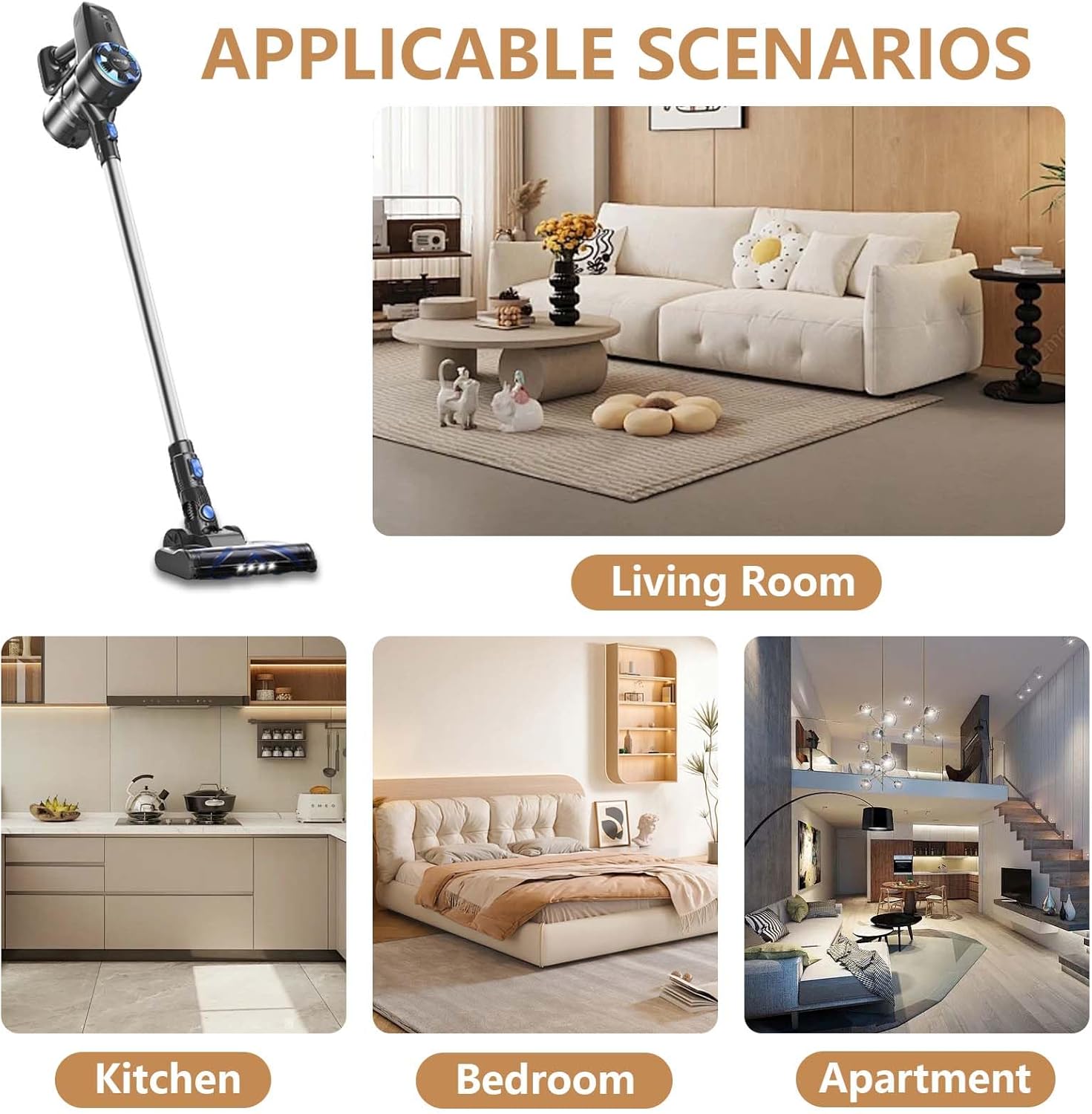 Cordless Vacuum Cleaners, 10kPA Vacuum Wireless for Home, Cordless Rechargeable Vacuum Cleaner with Led Illumination for Carpet, Hard Floor, Pet Hair