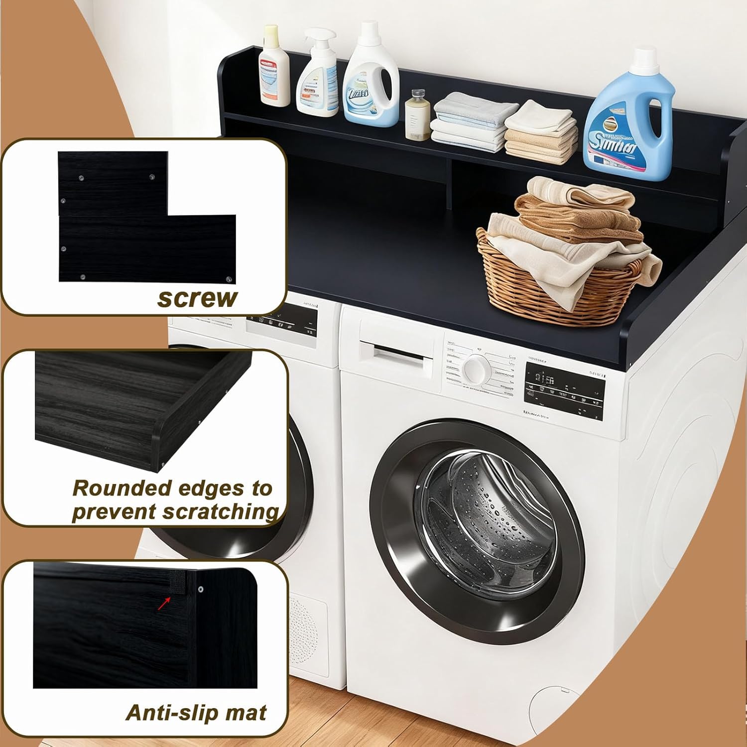 2-Tier Washer Dryer Countertop Washing Machine and Dryer toppe Wood Washer Dryer Counter with Shelf Laundry Countertops with Non-Slip Mat,for Folding Clothes,Black,L54×W27.5×H12