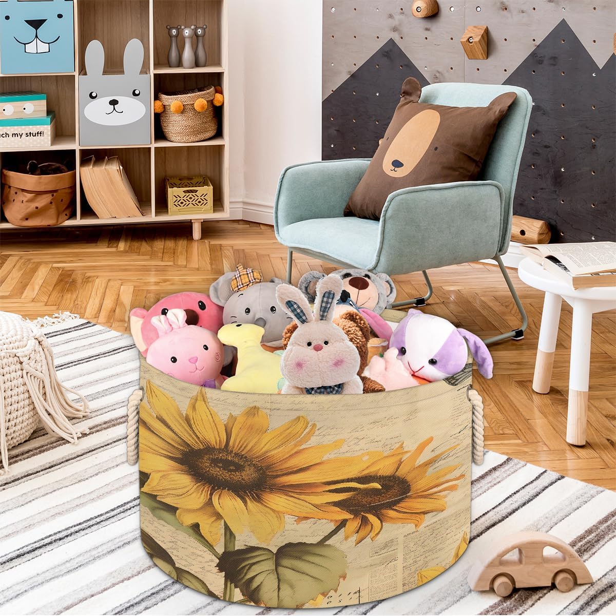 Vintage Style Bee Sunflower Round Storage Basket Laundry Hamper Collapsible Laundry Basket with Handles Large Canvas Storage Bin for Clothes Toys Nursery Bedroom Closet Organizer