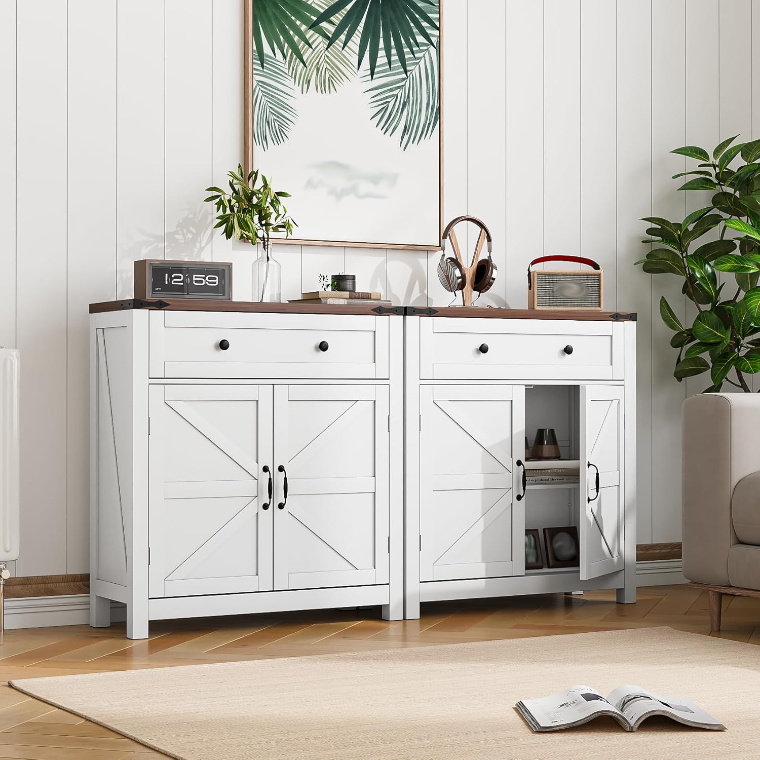 Farmhouse Storage Cabinet with 2 Doors, White Kitchen Cabinet with Walnut Countertop, Freestanding Floor Storage Cabinets Hutch Cupboard