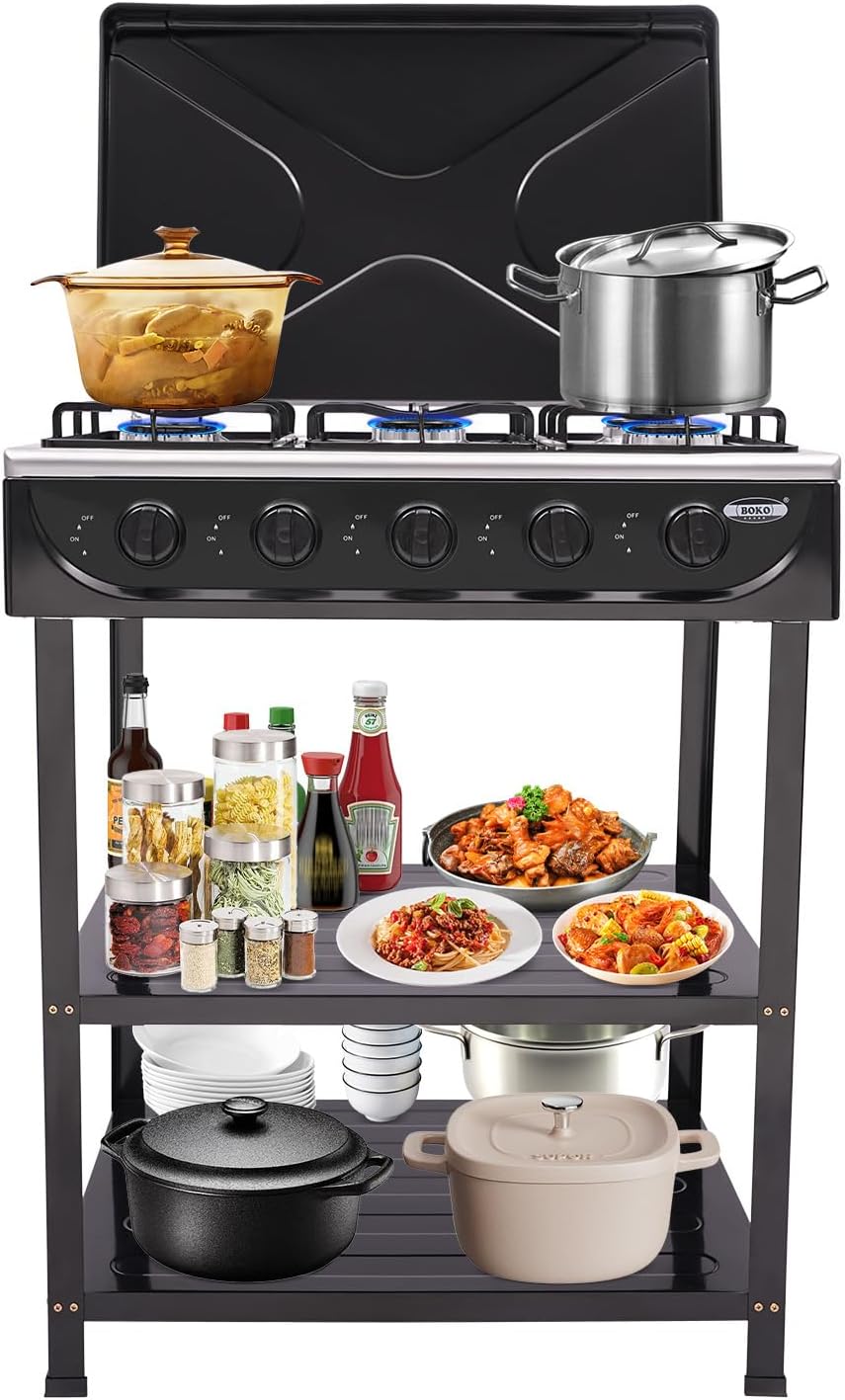 Natural Gas Stove 5 Hearth Propane Grill, 2.5KW Outdoor Camping Grill Portable Camping Stove with Support Kickstand 2 Tier Storage Shelf for RV, Apartment, Outdoor Cooking (Black)