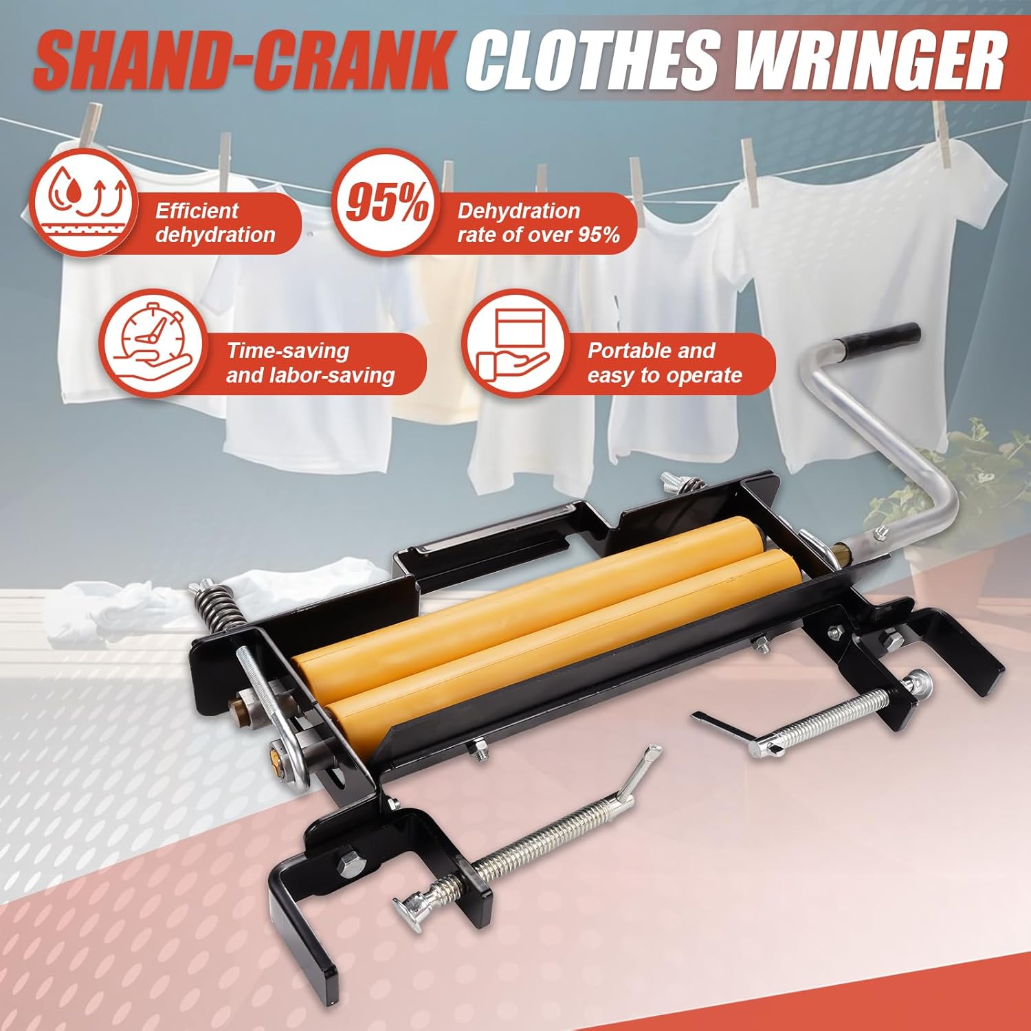 Hand-Crank Clothes Wringer - Solid Wood Tan Rollers, Removes 95% Water, Portable Laundry Dehydrator for Efficient Water Removal