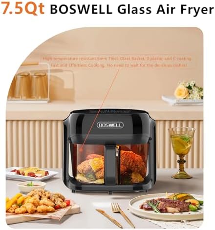 BOSWELL Glass Air Fryer, 7.5QT with Transparent Fry Bowl, Circulating Heating, Temperature Control, Air Fryer Roast, Dishwasher Safe