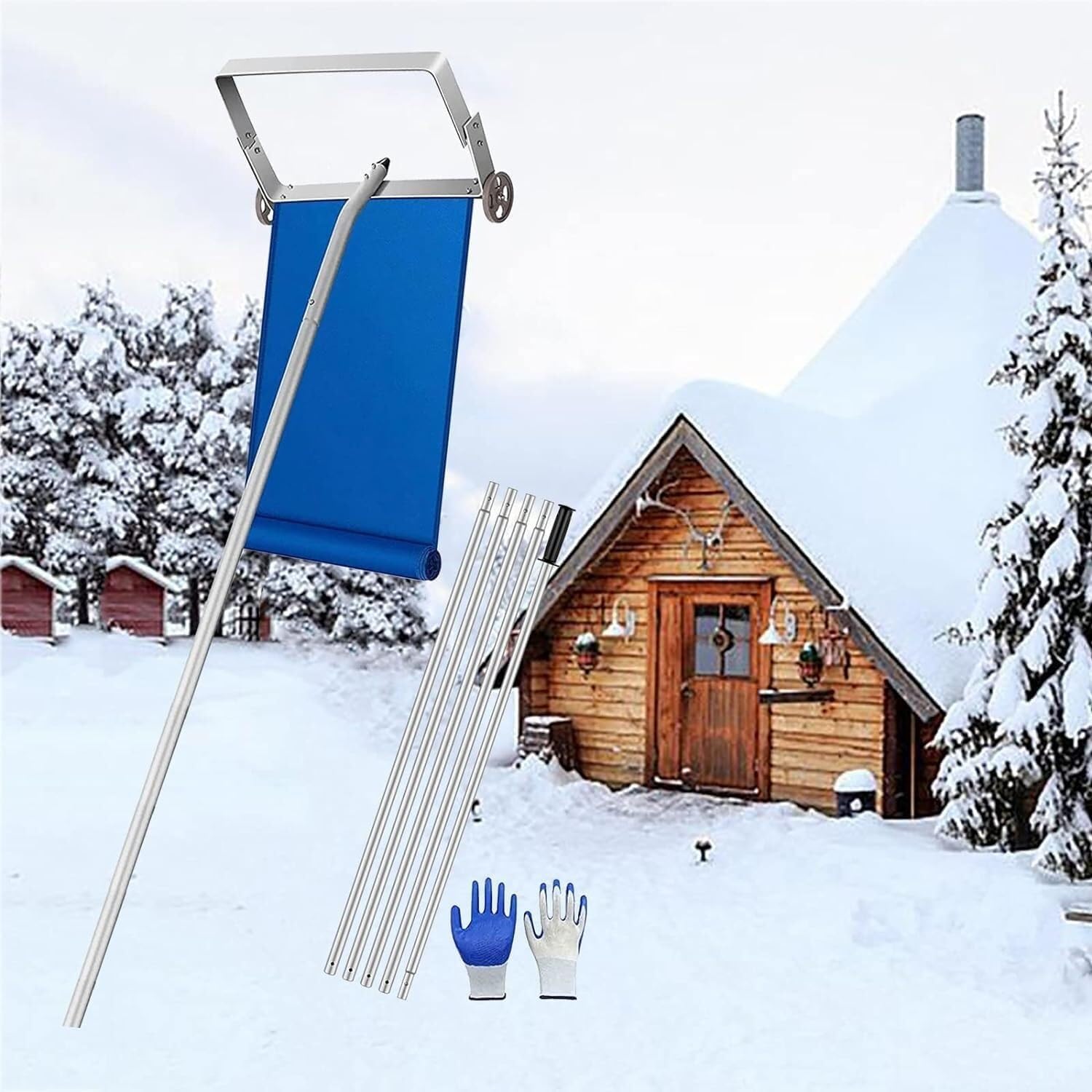 20Ft Snow Roof Rake with Wheels and Fabric Slide, 5 Adjustable Length Rods, Lightght Roof Rake with Large Wheels & Anti-Slip Handle, for Clearing Roof, Vehicle Snow & Leaves